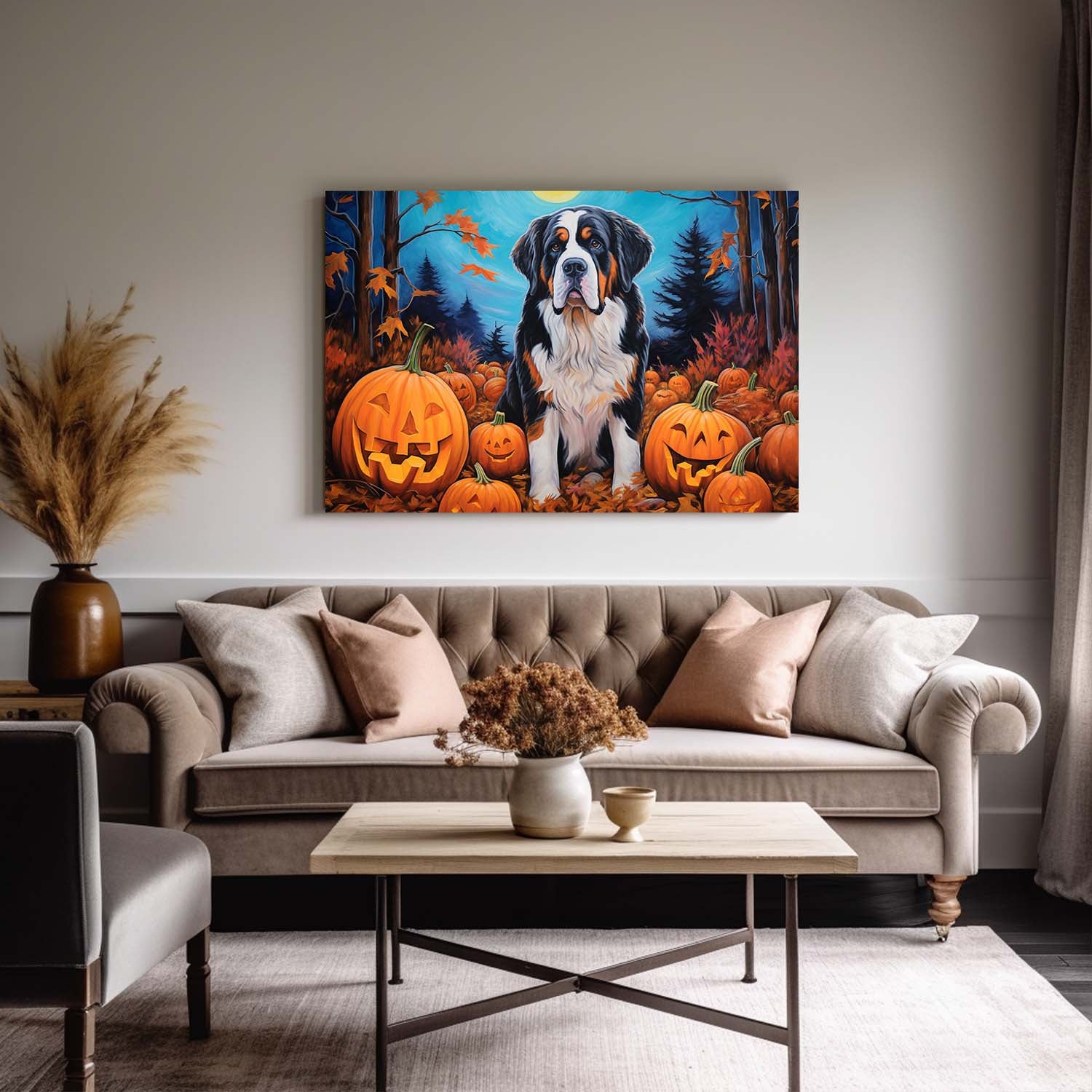 St. Bernards Dog 01 Halloween With Pumpkin Oil Painting Van Goh Style, Wooden Canvas Prints Wall Art Painting , Canvas 3d Art