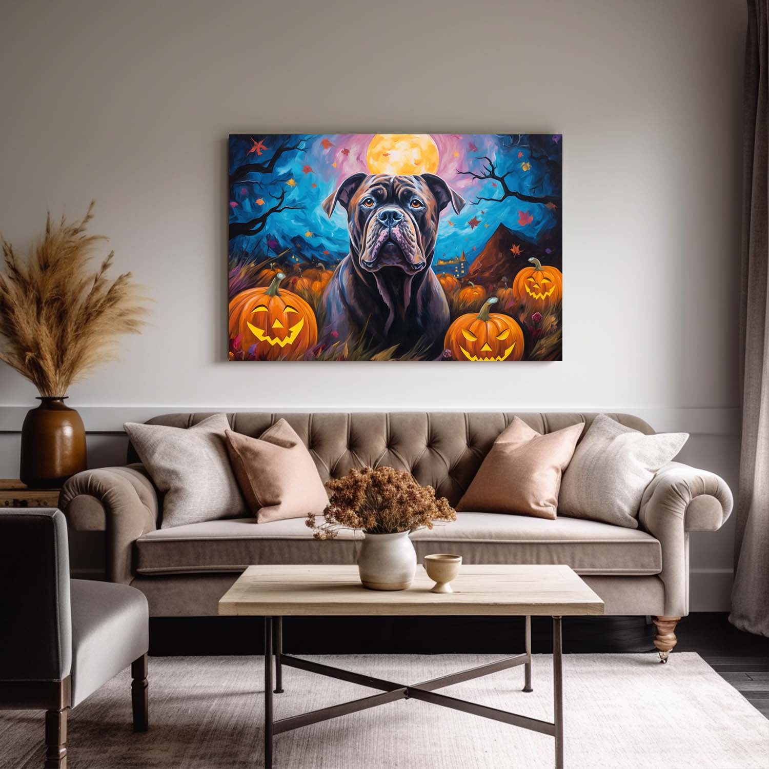 Cane Corso Dog 02 Halloween With Pumpkin Oil Painting Van Goh Style, Wooden Canvas Prints Wall Art Painting , Canvas 3d Art