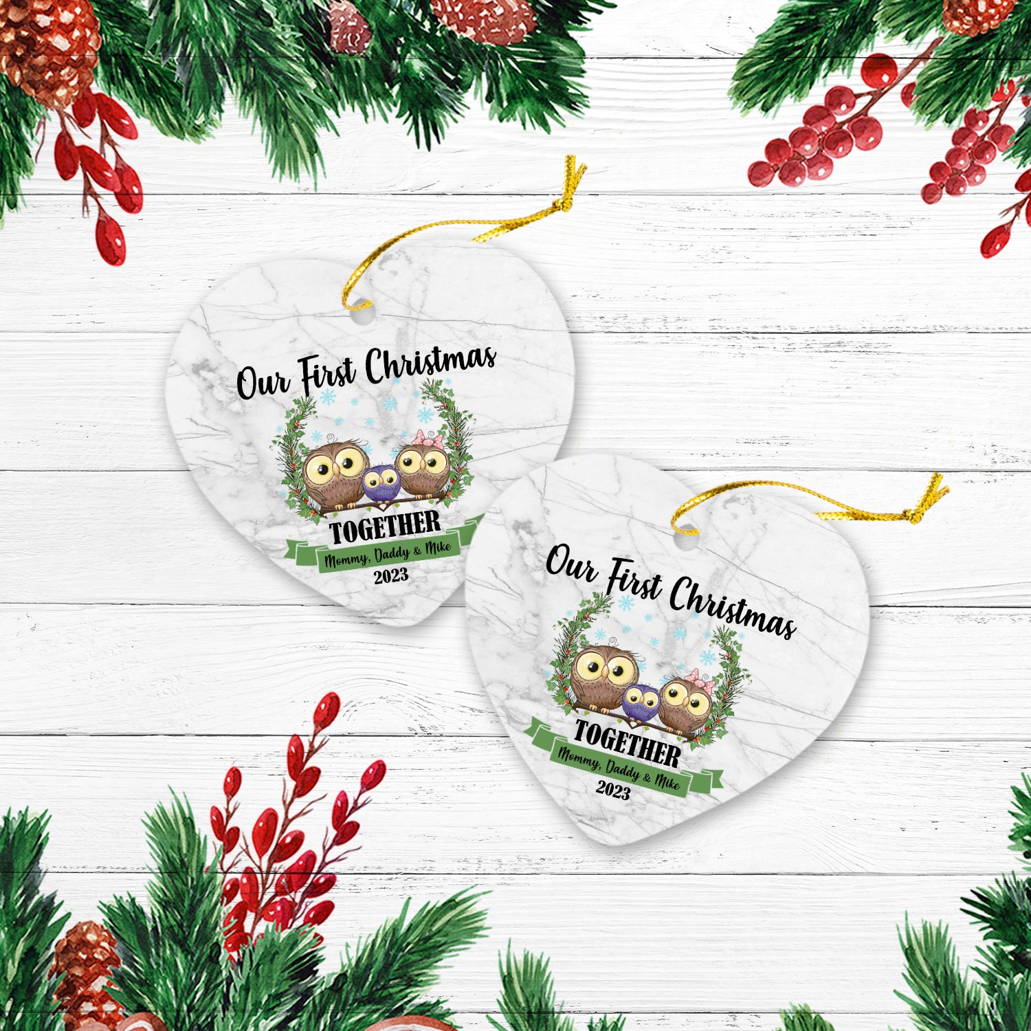 Our First Christmas Together With Family Cute Animals Version Owl Personalized Christmas Premium Ceramic Ornaments