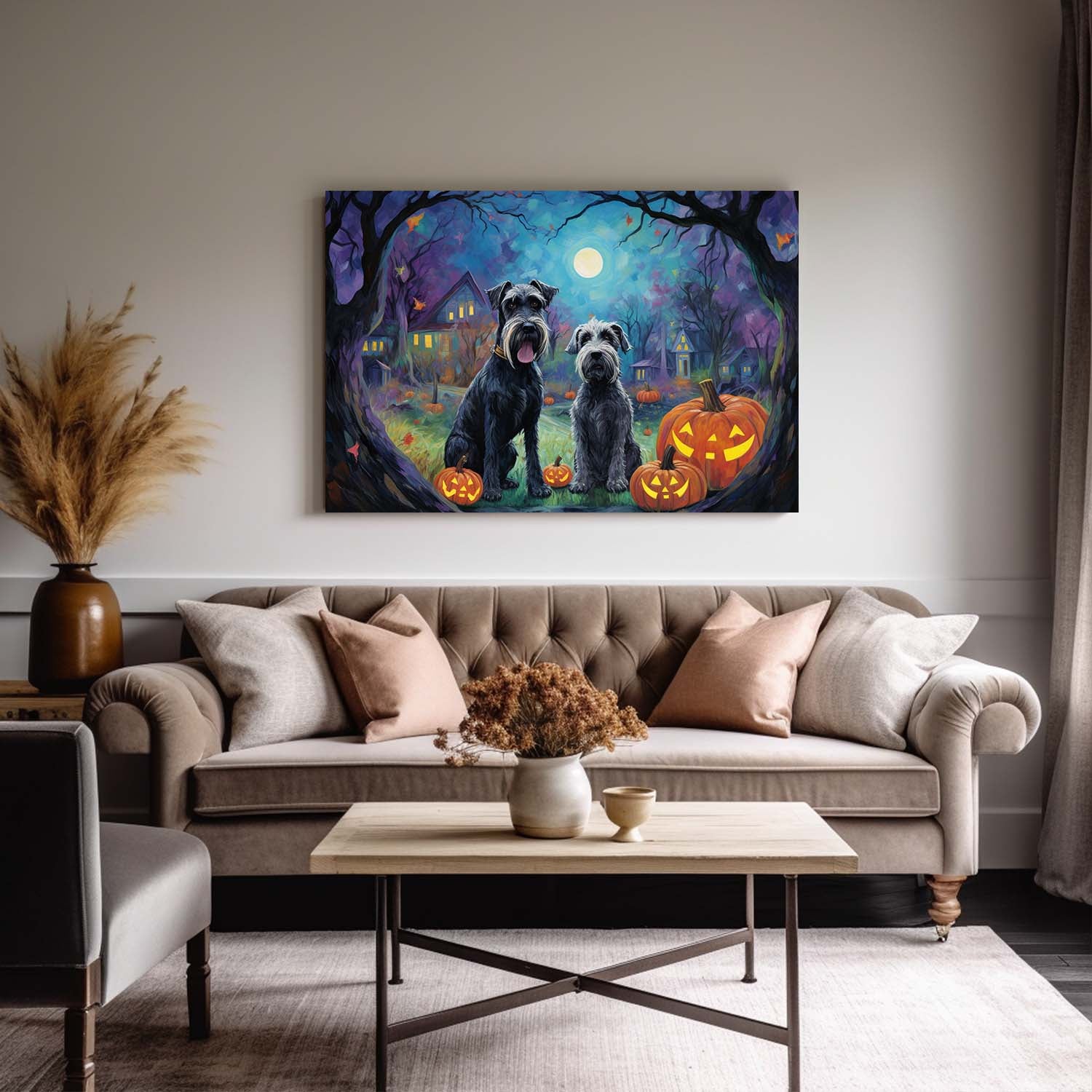 Schnauzers Dog Halloween With Pumpkin Oil Painting Van Goh Style, Wooden Canvas Prints Wall Art Painting , Canvas 3d Art