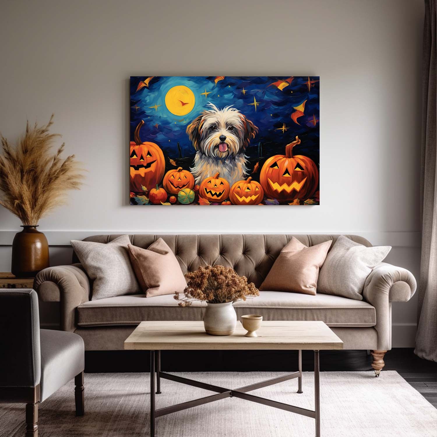Havanese Dog 01 Halloween With Pumpkin Oil Painting Van Goh Style, Wooden Canvas Prints Wall Art Painting , Canvas 3d Art