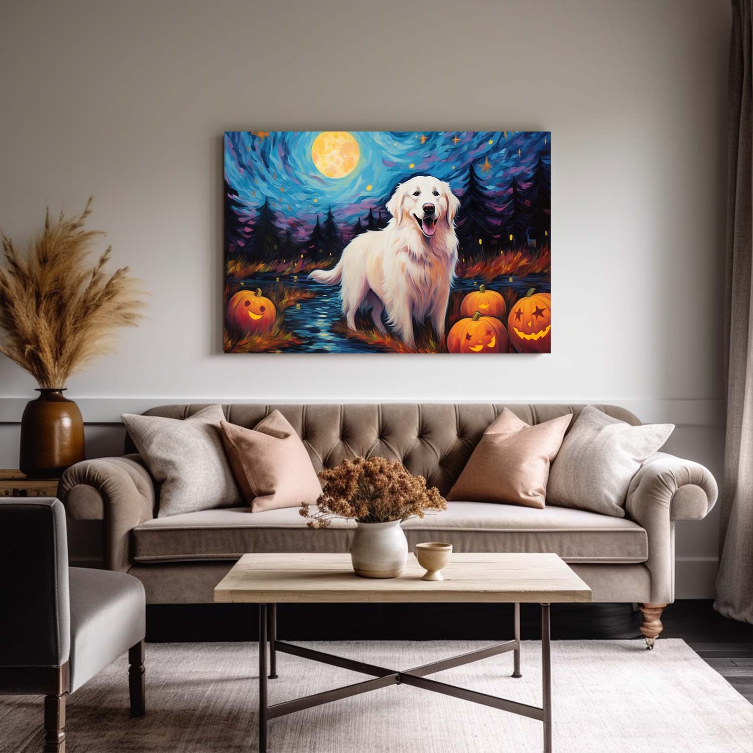 Great Pyrenees Dog 01 Halloween With Pumpkin Oil Painting Van Goh Style, Wooden Canvas Prints Wall Art Painting , Canvas 3d Art