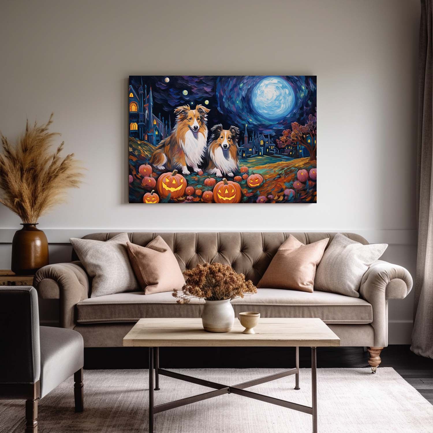 Shetland Sheepdogs Dog 03 Halloween With Pumpkin Oil Painting Van Goh Style, Wooden Canvas Prints Wall Art Painting , Canvas 3d Art