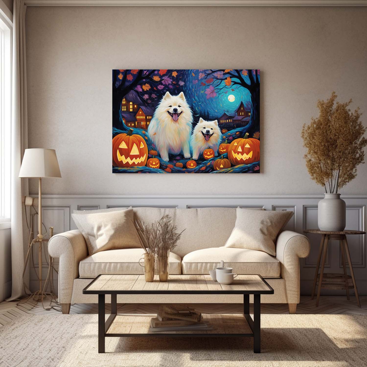 Samoyeds Dog 01 Halloween With Pumpkin Oil Painting Van Goh Style, Wooden Canvas Prints Wall Art Painting , Canvas 3d Art