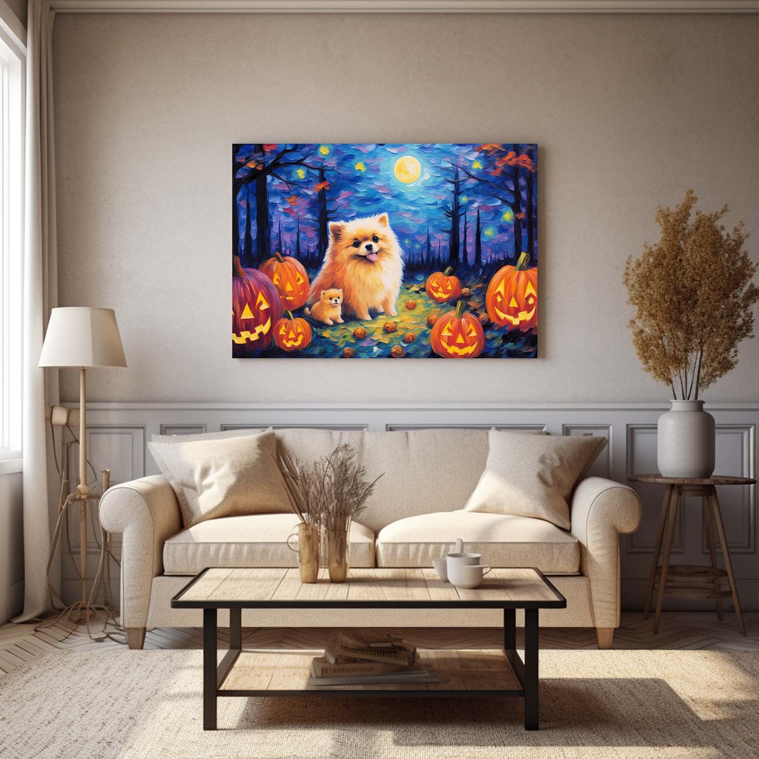 Pomeranians Dog 02 Halloween With Pumpkin Oil Painting Van Goh Style, Wooden Canvas Prints Wall Art Painting , Canvas 3d Art