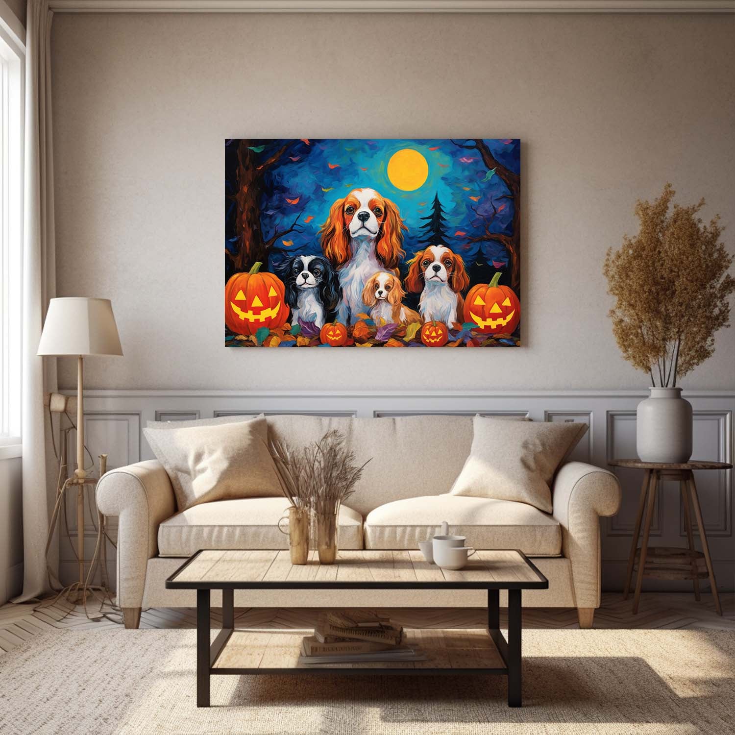 Cavalier King Charles Spaniels Dog 02 Halloween With Pumpkin Oil Painting Van Goh Style, Wooden Canvas Prints Wall Art Painting , Canvas 3d Art