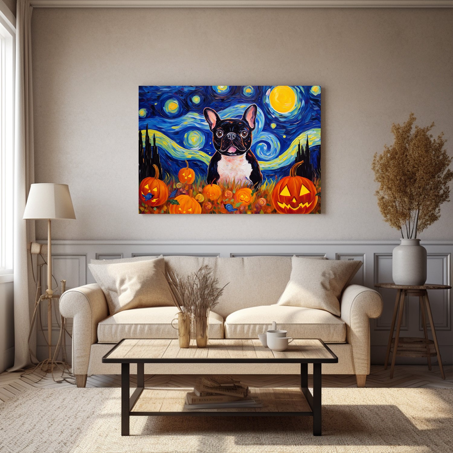 French Bulldog 02 Halloween With Pumpkin Oil Painting Van Goh Style, Wooden Canvas Prints Wall Art Painting , Canvas 3d Art