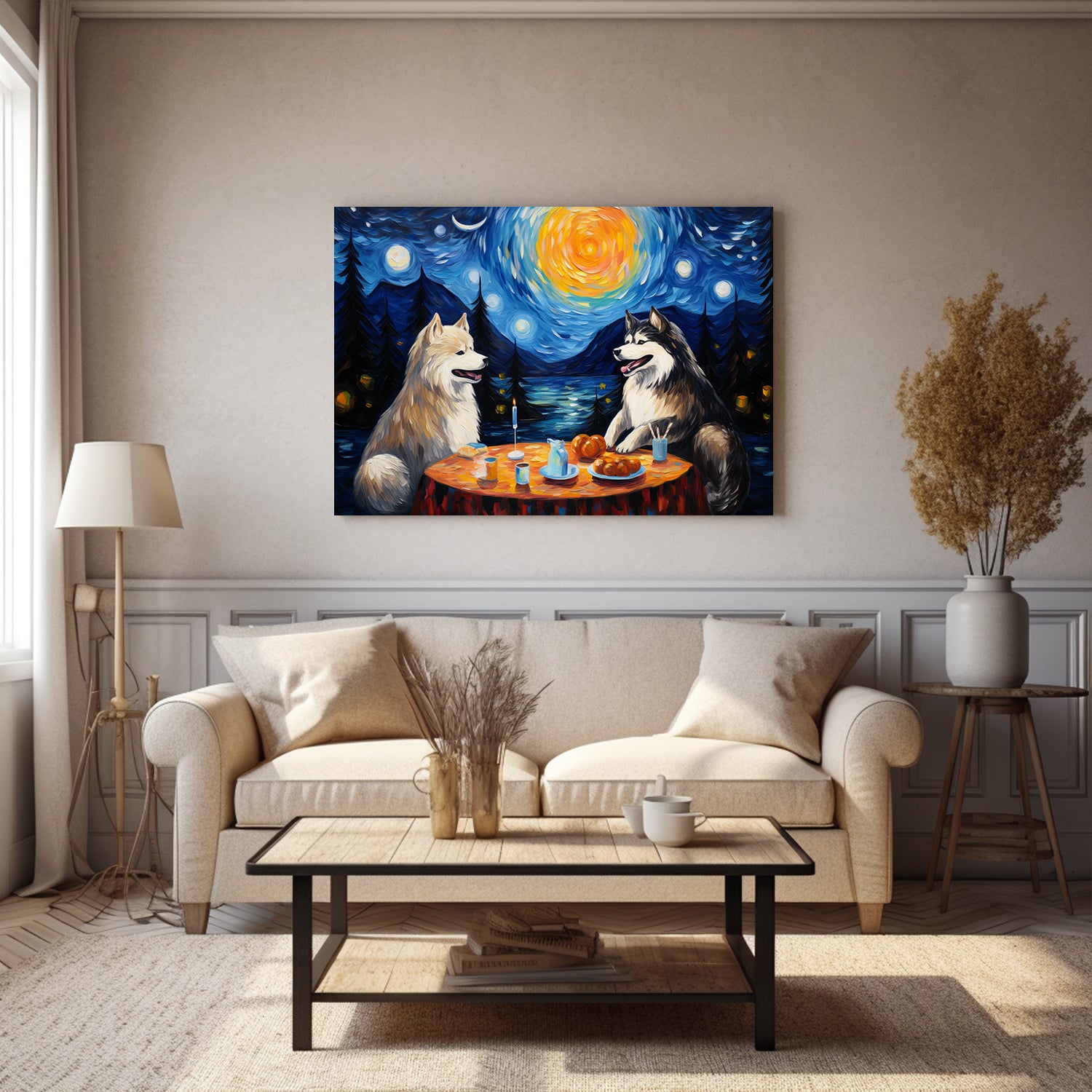 Alaskan Malamutes Dog Halloween With Pumpkin Oil Painting Van Goh Style, Wooden Canvas Prints Wall Art Painting , Canvas 3d Art