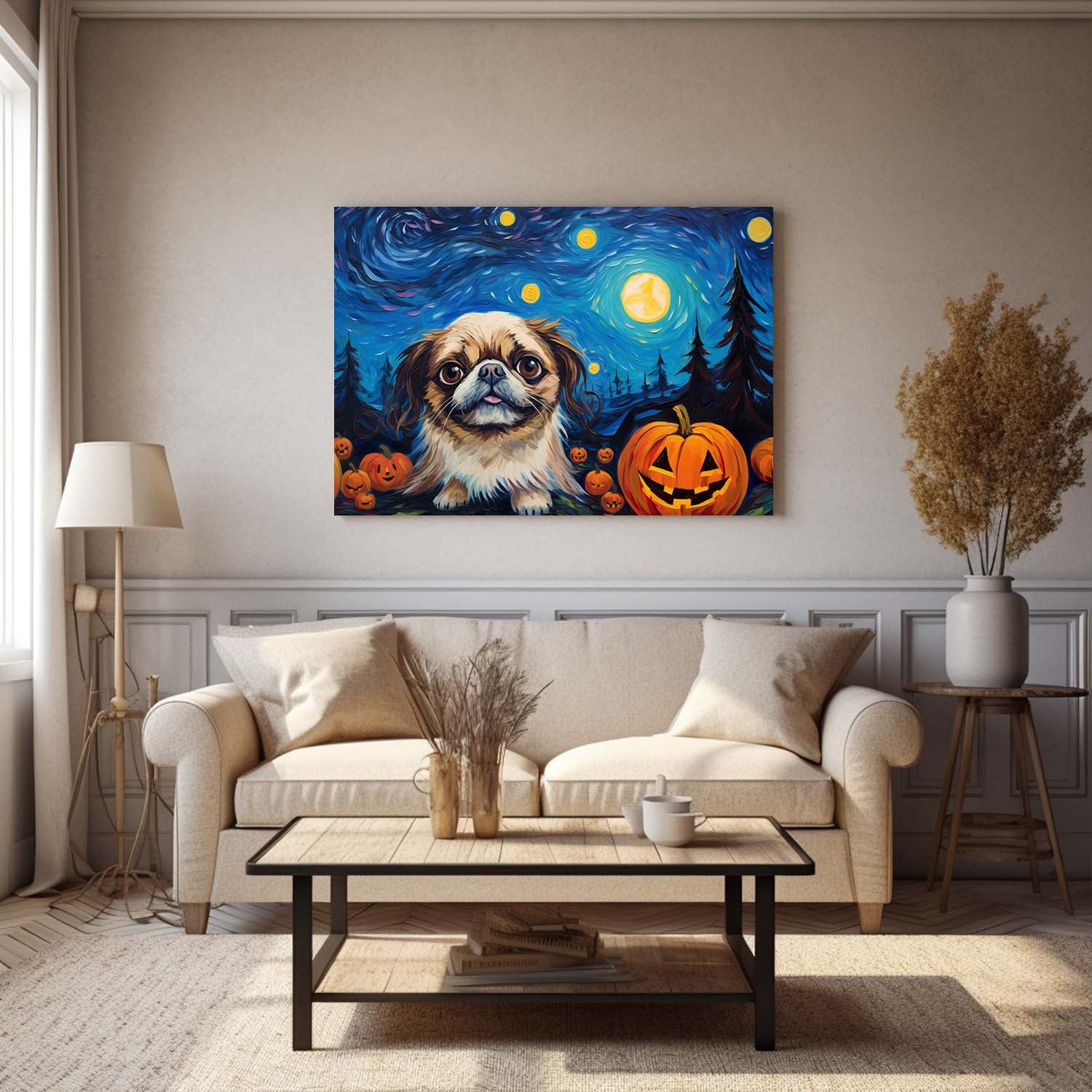 Pekingese Dog 01 Halloween With Pumpkin Oil Painting Van Goh Style, Wooden Canvas Prints Wall Art Painting , Canvas 3d Art