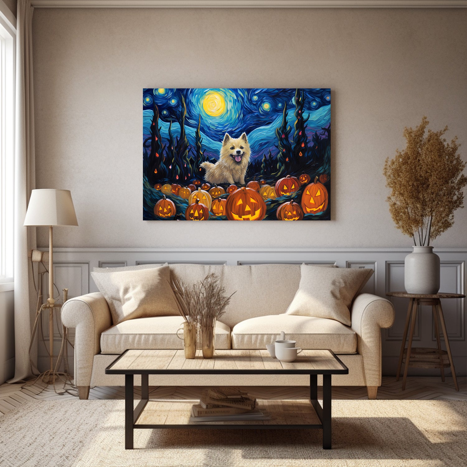 Norwegian Elkhounds Dog 01 Halloween With Pumpkin Oil Painting Van Goh Style, Wooden Canvas Prints Wall Art Painting , Canvas 3d Art