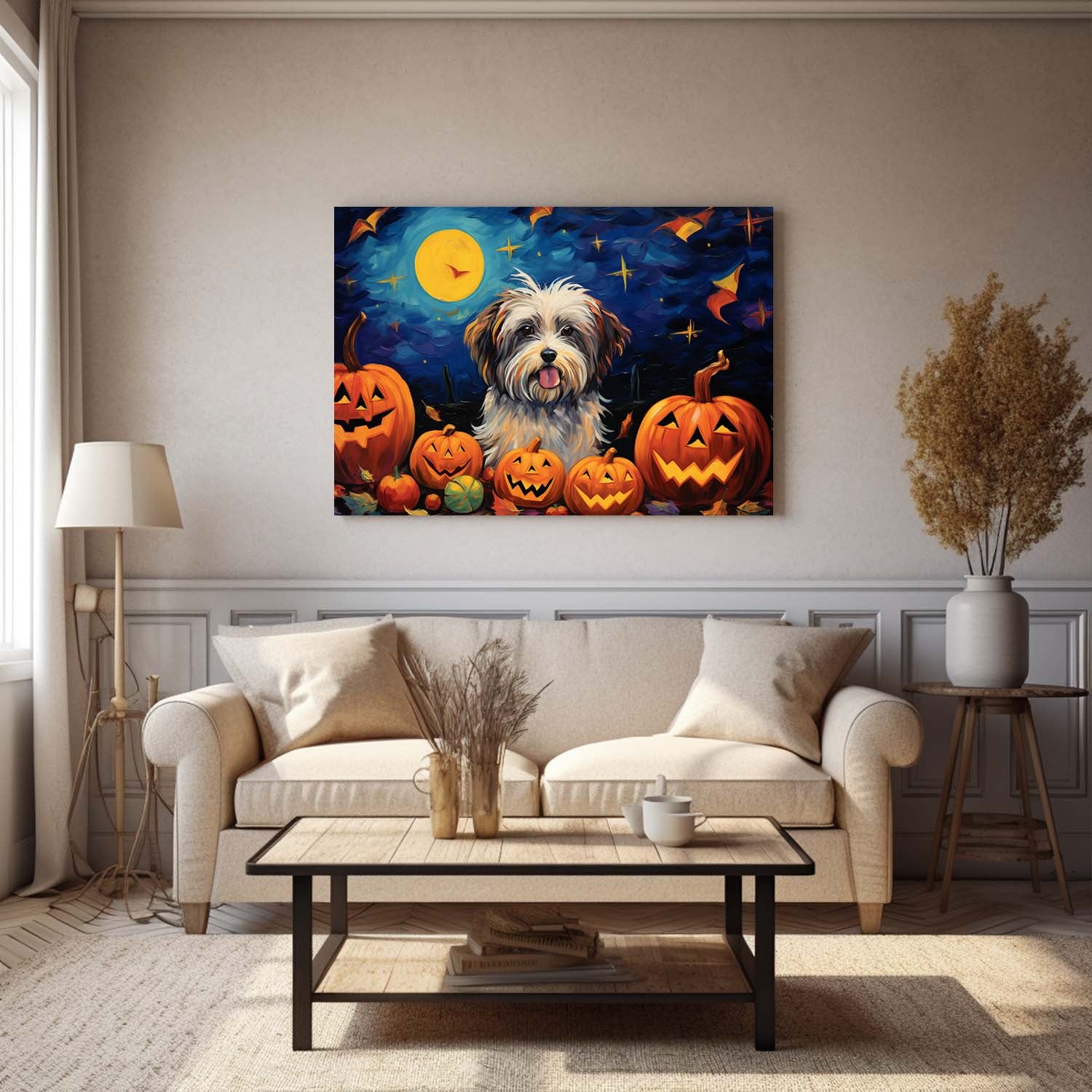 Havanese Dog 01 Halloween With Pumpkin Oil Painting Van Goh Style, Wooden Canvas Prints Wall Art Painting , Canvas 3d Art