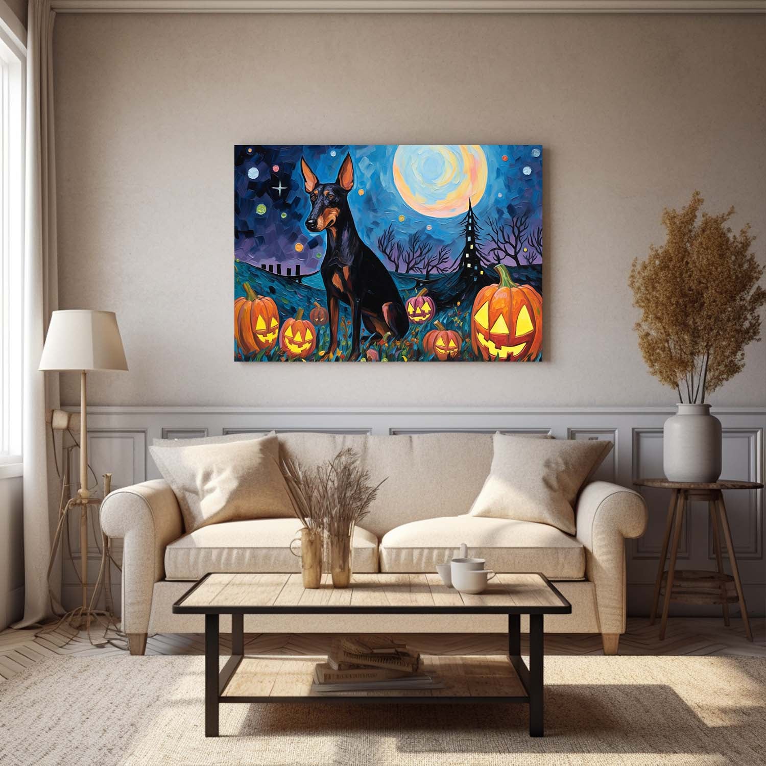Doberman Pinschers Dog 02 Halloween With Pumpkin Oil Painting Van Goh Style, Wooden Canvas Prints Wall Art Painting , Canvas 3d Art