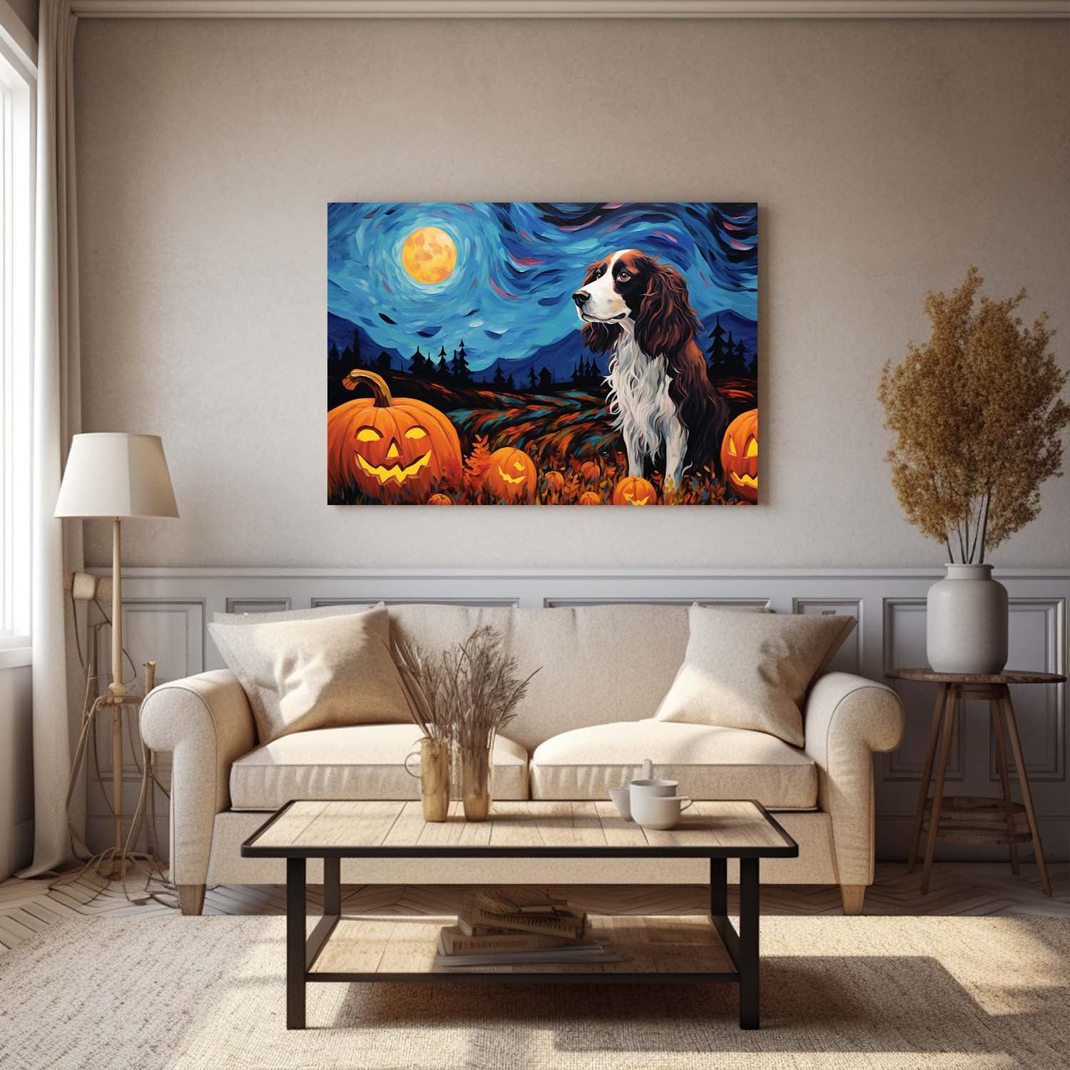 Irish Setters Dog 02 Halloween With Pumpkin Oil Painting Van Goh Style, Wooden Canvas Prints Wall Art Painting , Canvas 3d Art
