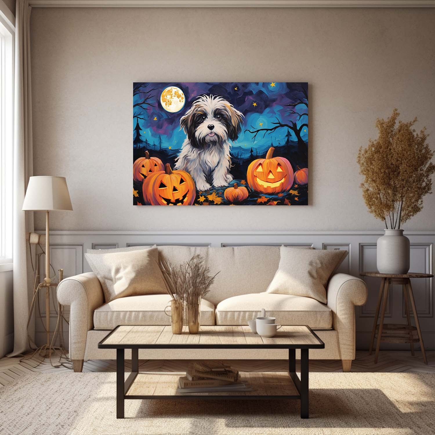 Havanese  Dog 02 Halloween With Pumpkin Oil Painting Van Goh Style, Wooden Canvas Prints Wall Art Painting , Canvas 3d Art