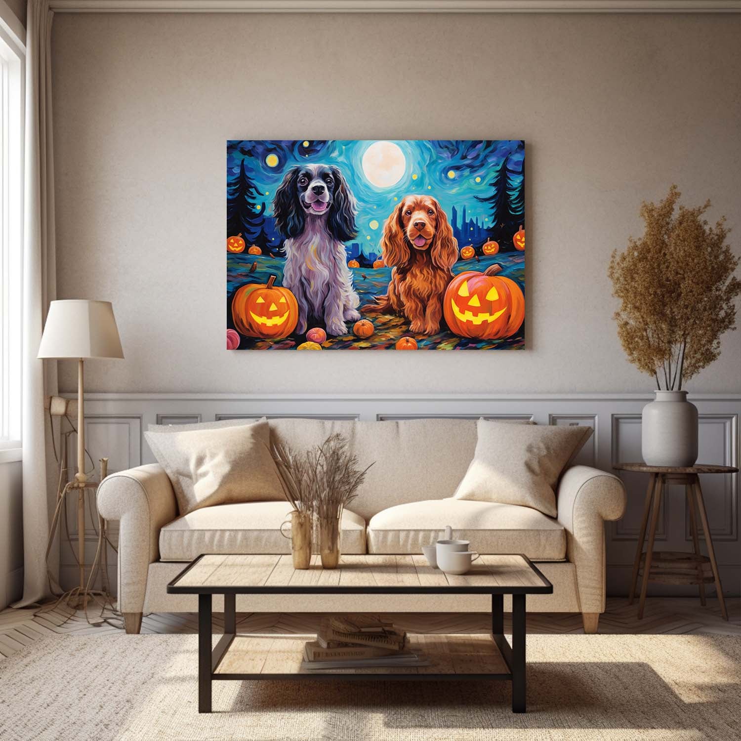 Cocker Spaniels Dog 02 Halloween With Pumpkin Oil Painting Van Goh Style, Wooden Canvas Prints Wall Art Painting , Canvas 3d Art