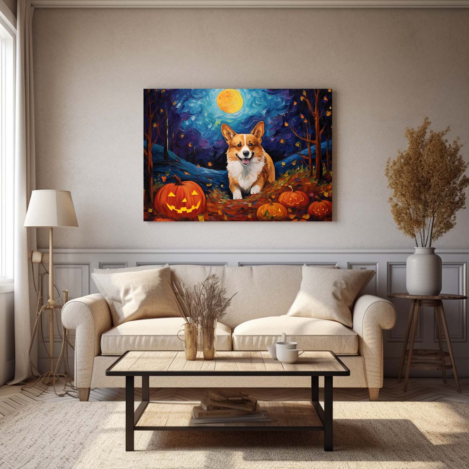 Corgi Dog 01 Halloween With Pumpkin Oil Painting Van Goh Style, Wooden Canvas Prints Wall Art Painting , Canvas 3d Art