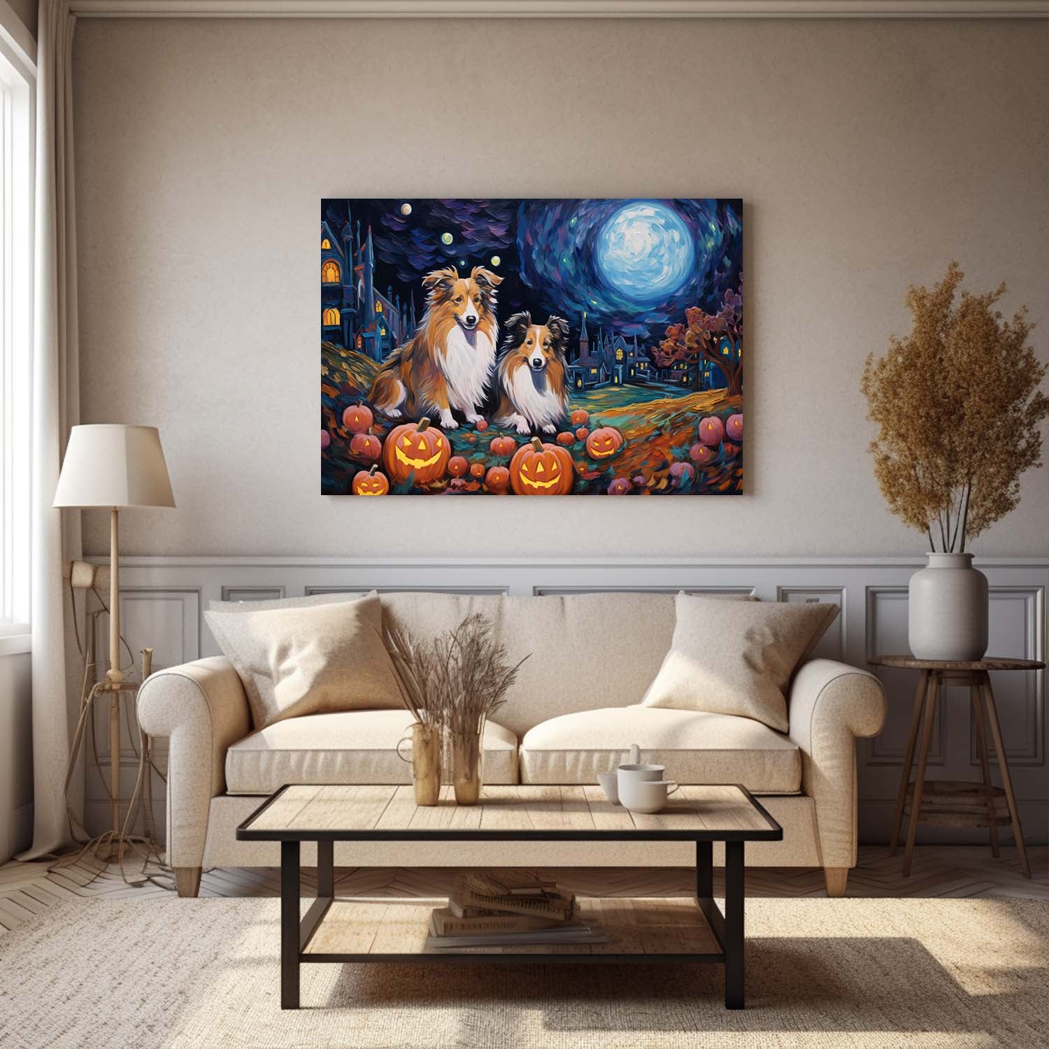 Shetland Sheepdogs Dog 03 Halloween With Pumpkin Oil Painting Van Goh Style, Wooden Canvas Prints Wall Art Painting , Canvas 3d Art