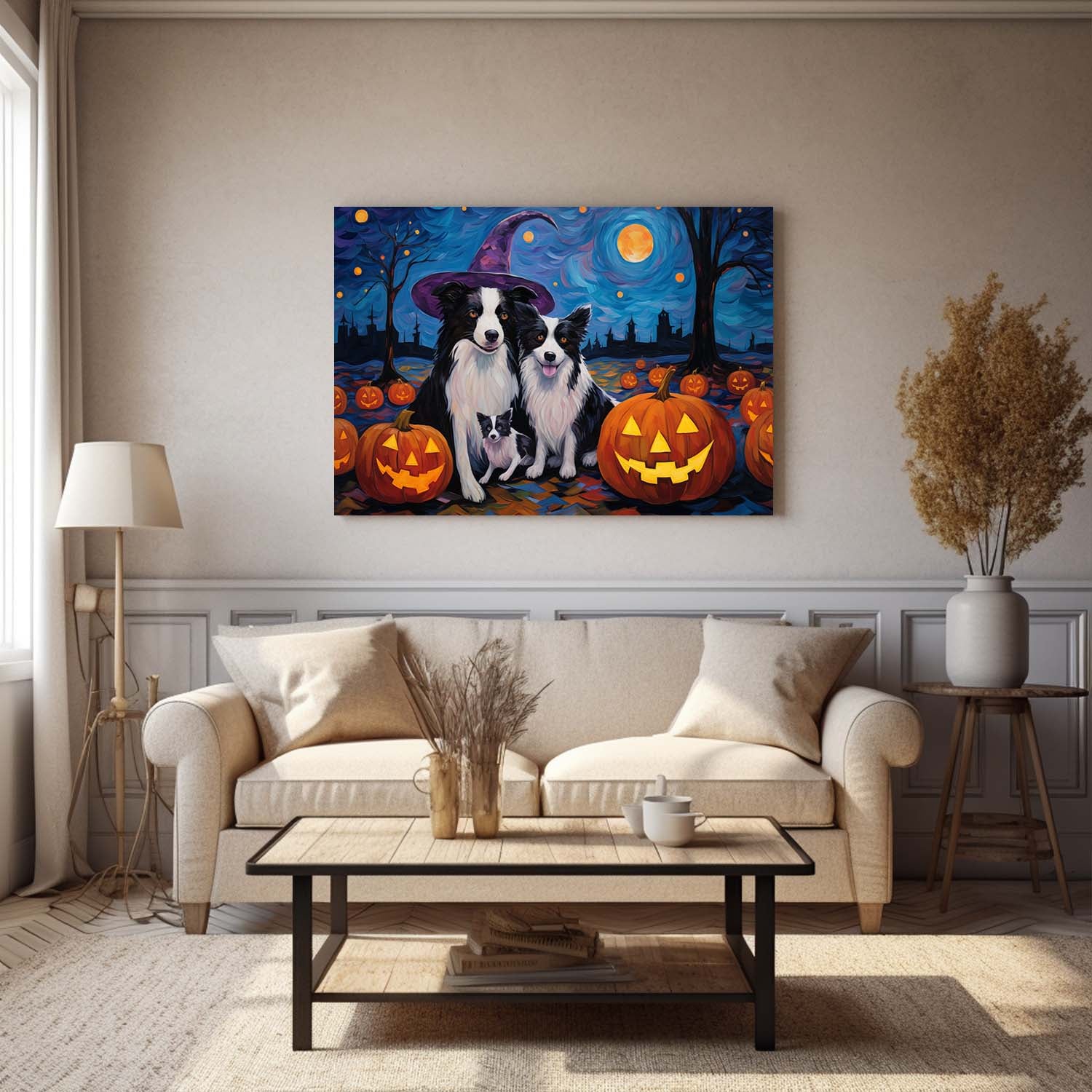 Border Collies Dog 02 Halloween With Pumpkin Oil Painting Van Goh Style, Wooden Canvas Prints Wall Art Painting , Canvas 3d Art