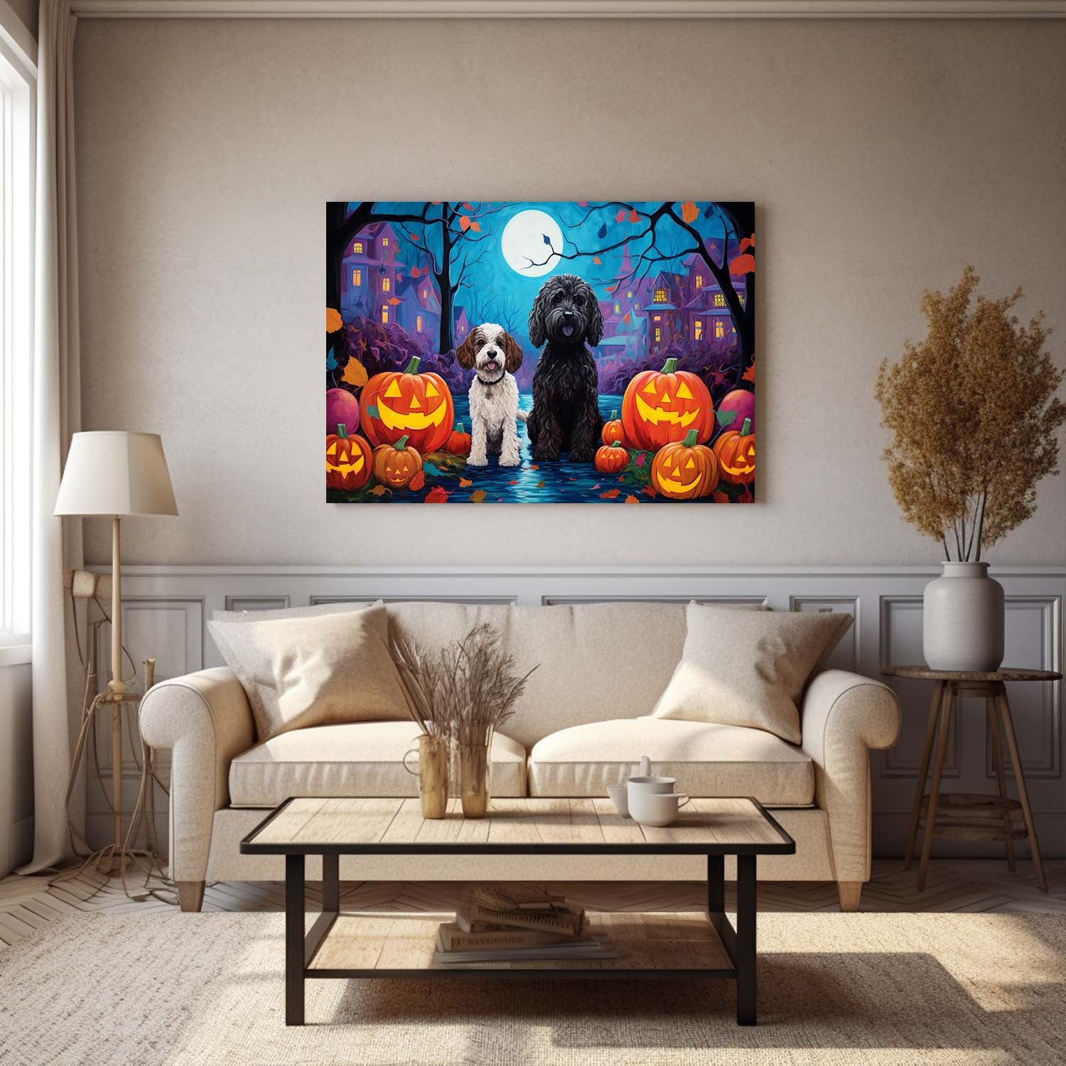 Portuguese Water Dog Halloween With Pumpkin Oil Painting Van Goh Style, Wooden Canvas Prints Wall Art Painting , Canvas 3d Art