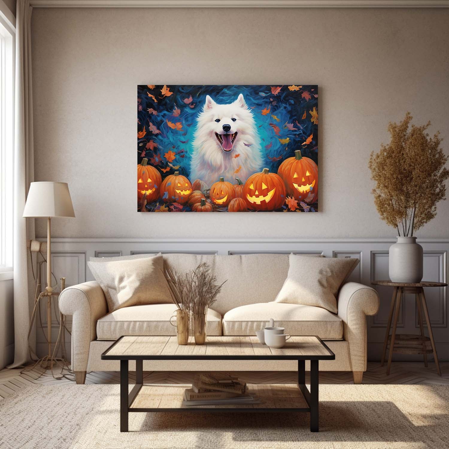 Samoyeds Dog 02 Halloween With Pumpkin Oil Painting Van Goh Style, Wooden Canvas Prints Wall Art Painting , Canvas 3d Art