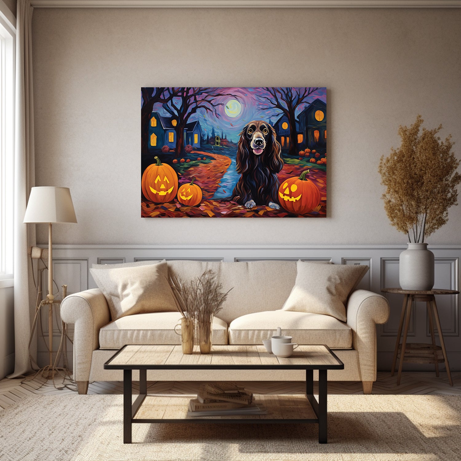 Gordon Setters Dog Halloween With Pumpkin Oil Painting Van Goh Style, Wooden Canvas Prints Wall Art Painting , Canvas 3d Art