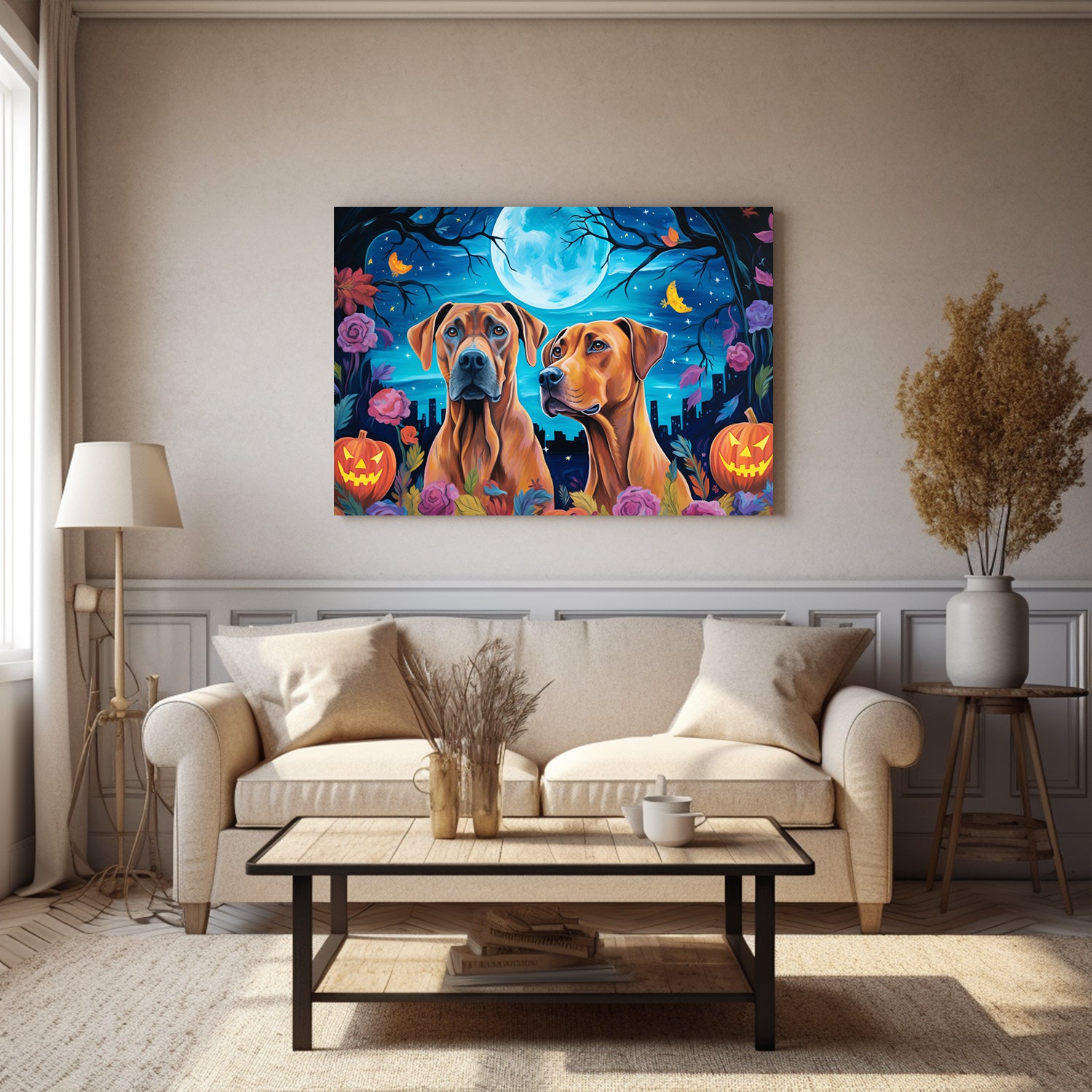Rhodesian Ridgebacks Dog 01 Halloween With Pumpkin Oil Painting Van Goh Style, Wooden Canvas Prints Wall Art Painting , Canvas 3d Art