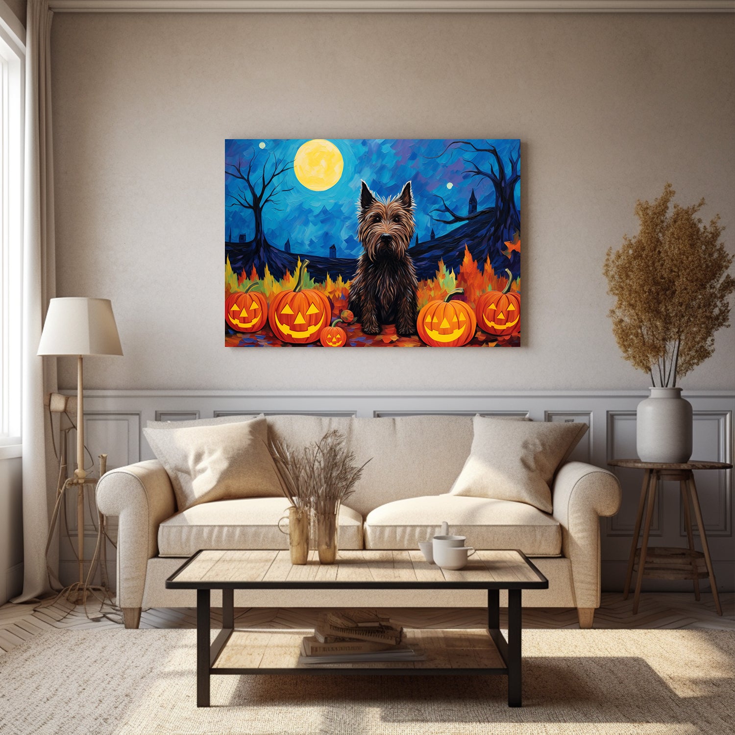 Scottish Terriers Dog Halloween With Pumpkin Oil Painting Van Goh Style, Wooden Canvas Prints Wall Art Painting , Canvas 3d Art