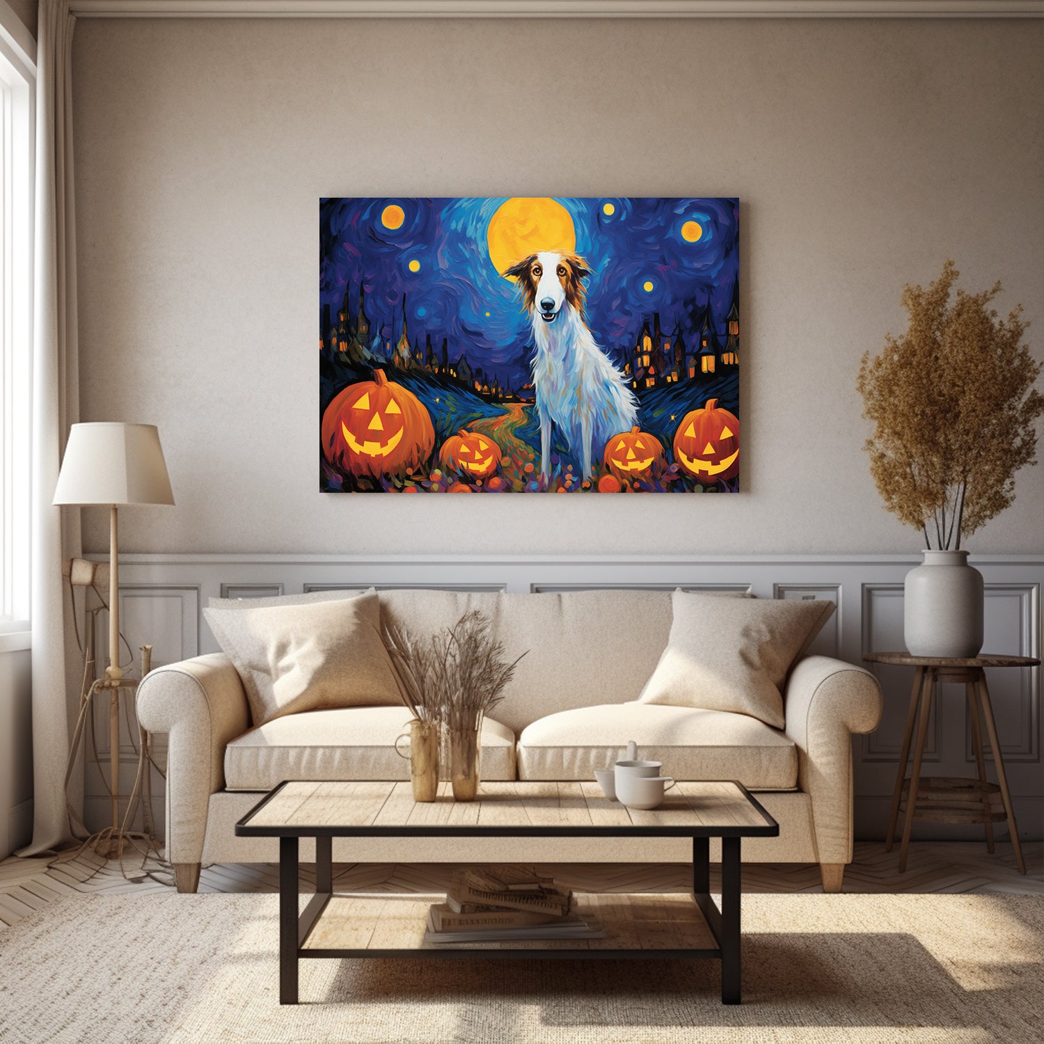 Borzois Dog Halloween With Pumpkin Oil Painting Van Goh Style, Wooden Canvas Prints Wall Art Painting , Canvas 3d Art