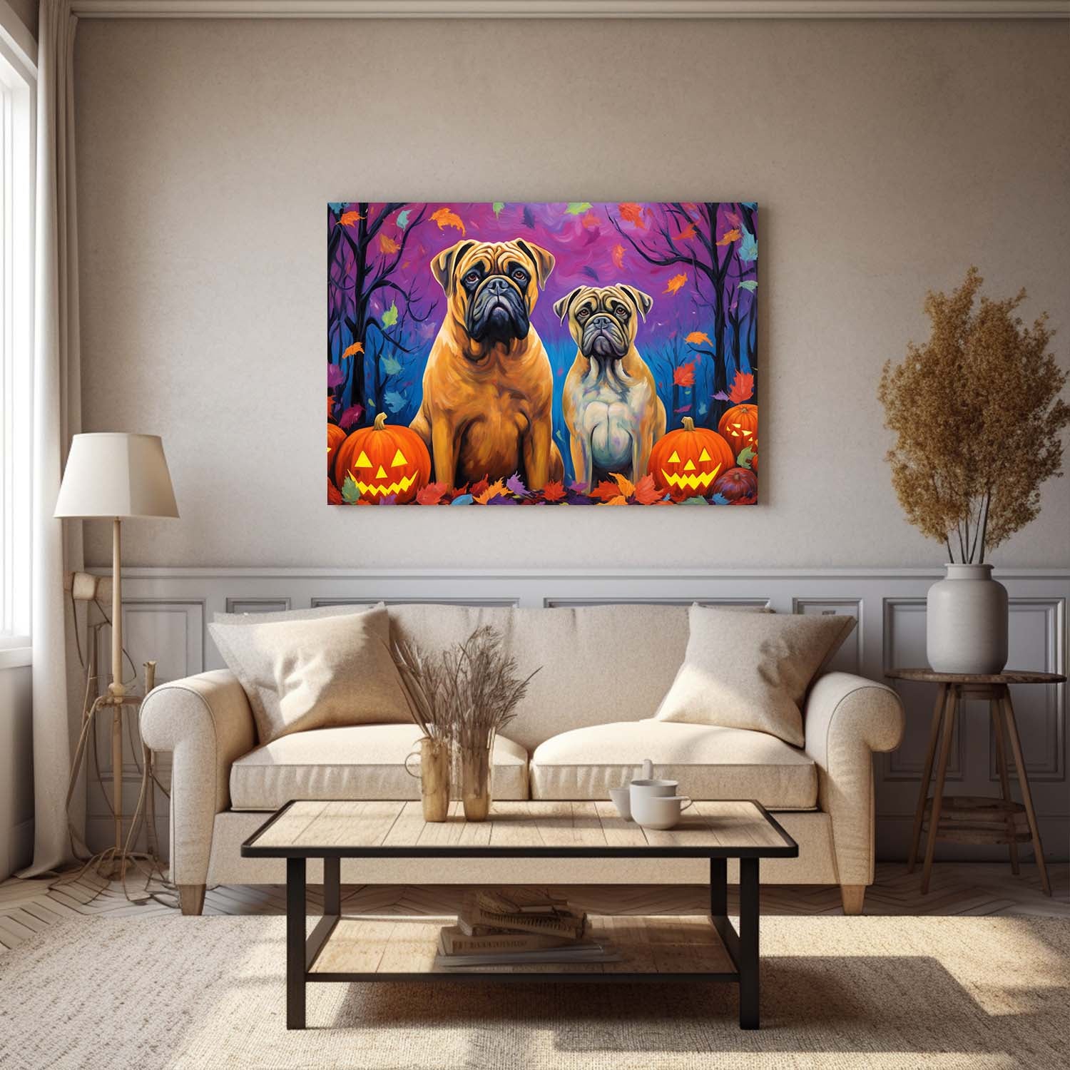 Bullmastiffs Dog 02 Halloween With Pumpkin Oil Painting Van Goh Style, Wooden Canvas Prints Wall Art Painting , Canvas 3d Art