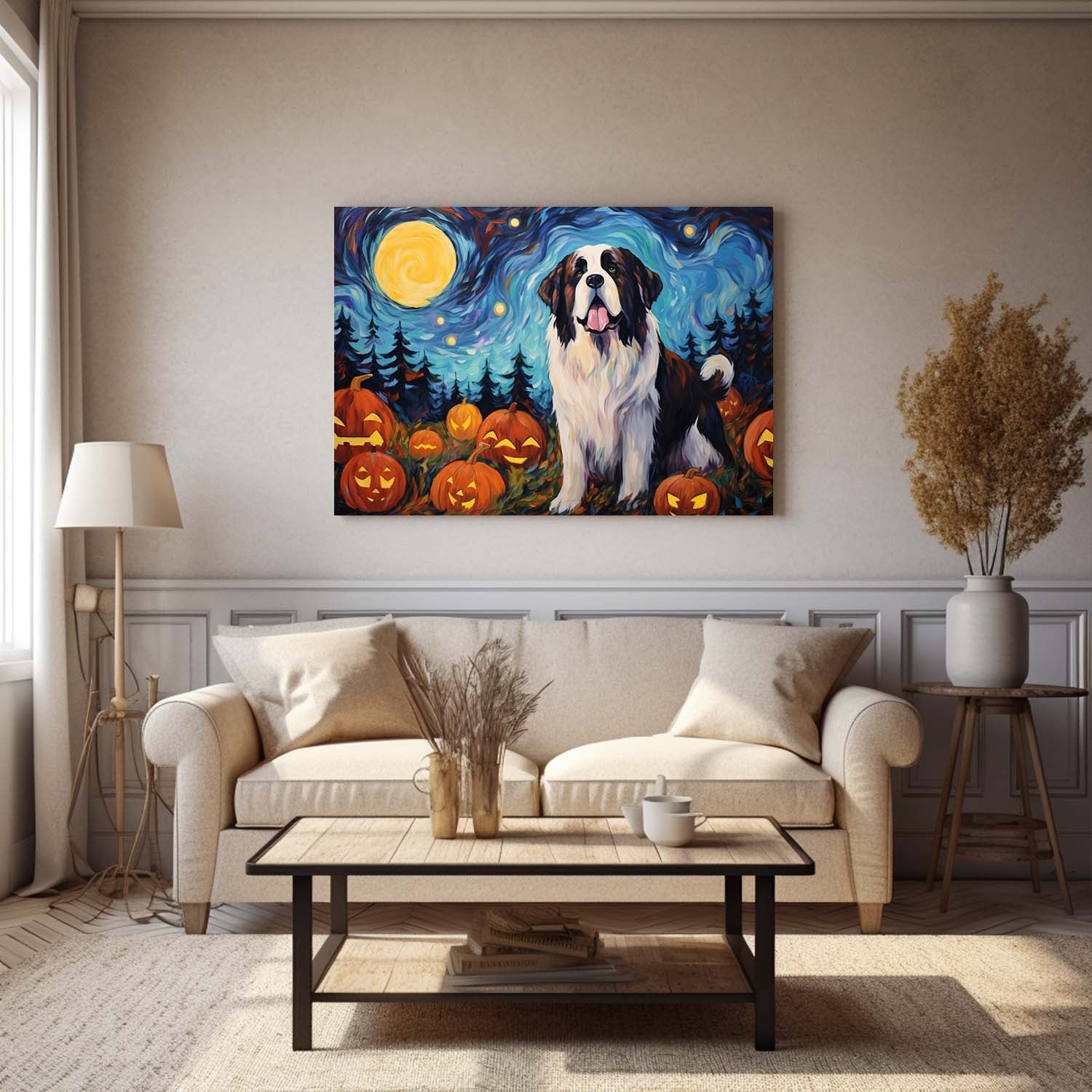 St. Bernards Dog 02 Halloween With Pumpkin Oil Painting Van Goh Style, Wooden Canvas Prints Wall Art Painting , Canvas 3d Art