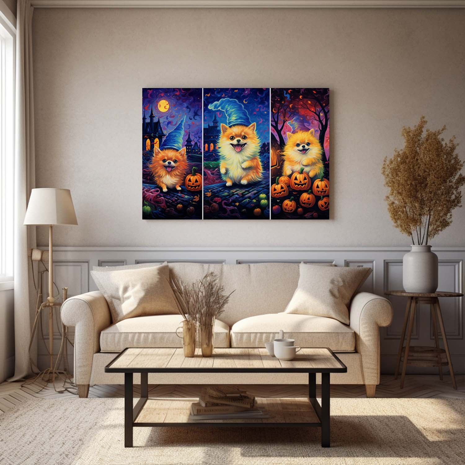 Pomeranians Dog 03 Halloween With Pumpkin Oil Painting Van Goh Style, Wooden Canvas Prints Wall Art Painting , Canvas 3d Art