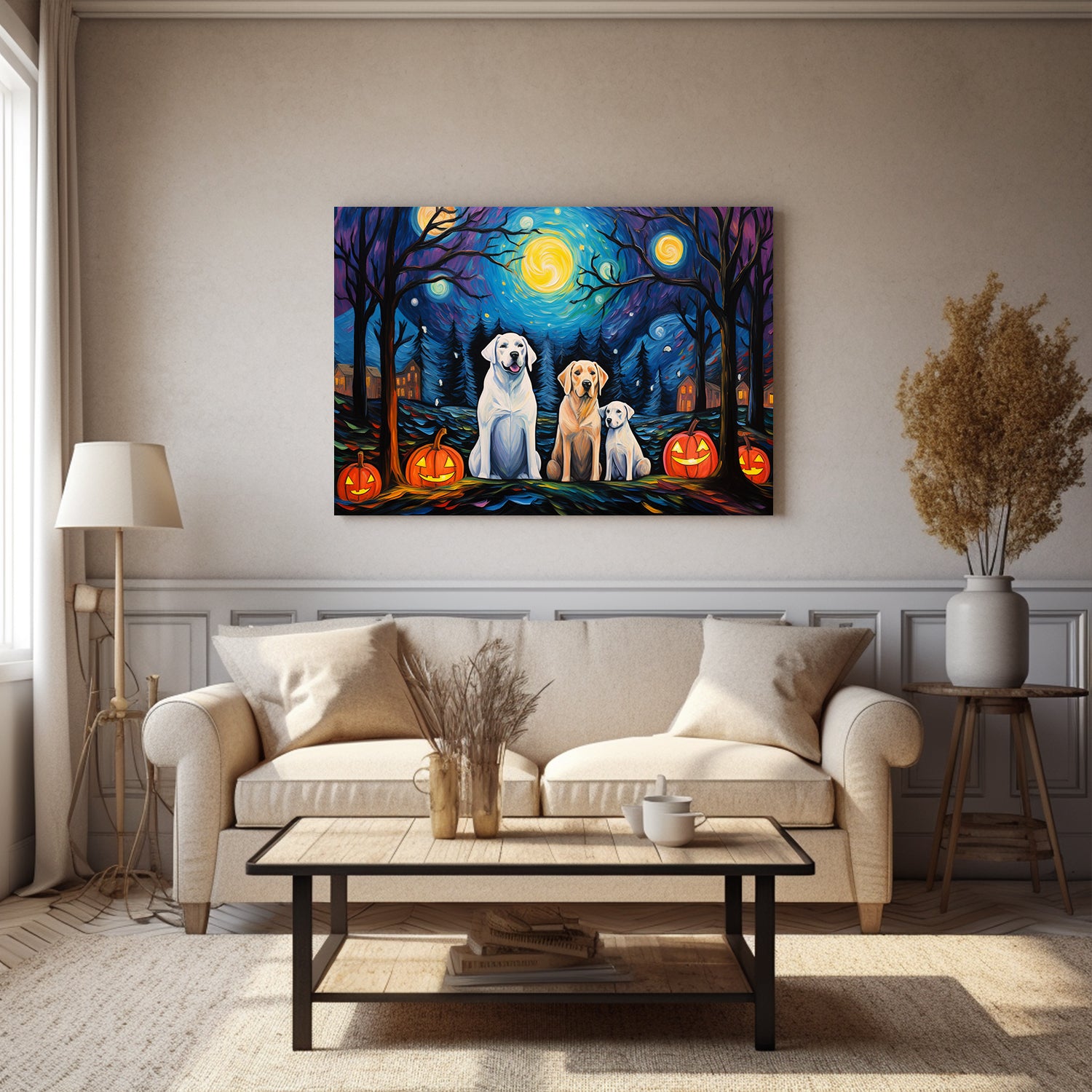 Labrador Retrievers Dog 02 Halloween With Pumpkin Oil Painting Van Goh Style, Wooden Canvas Prints Wall Art Painting , Canvas 3d Art
