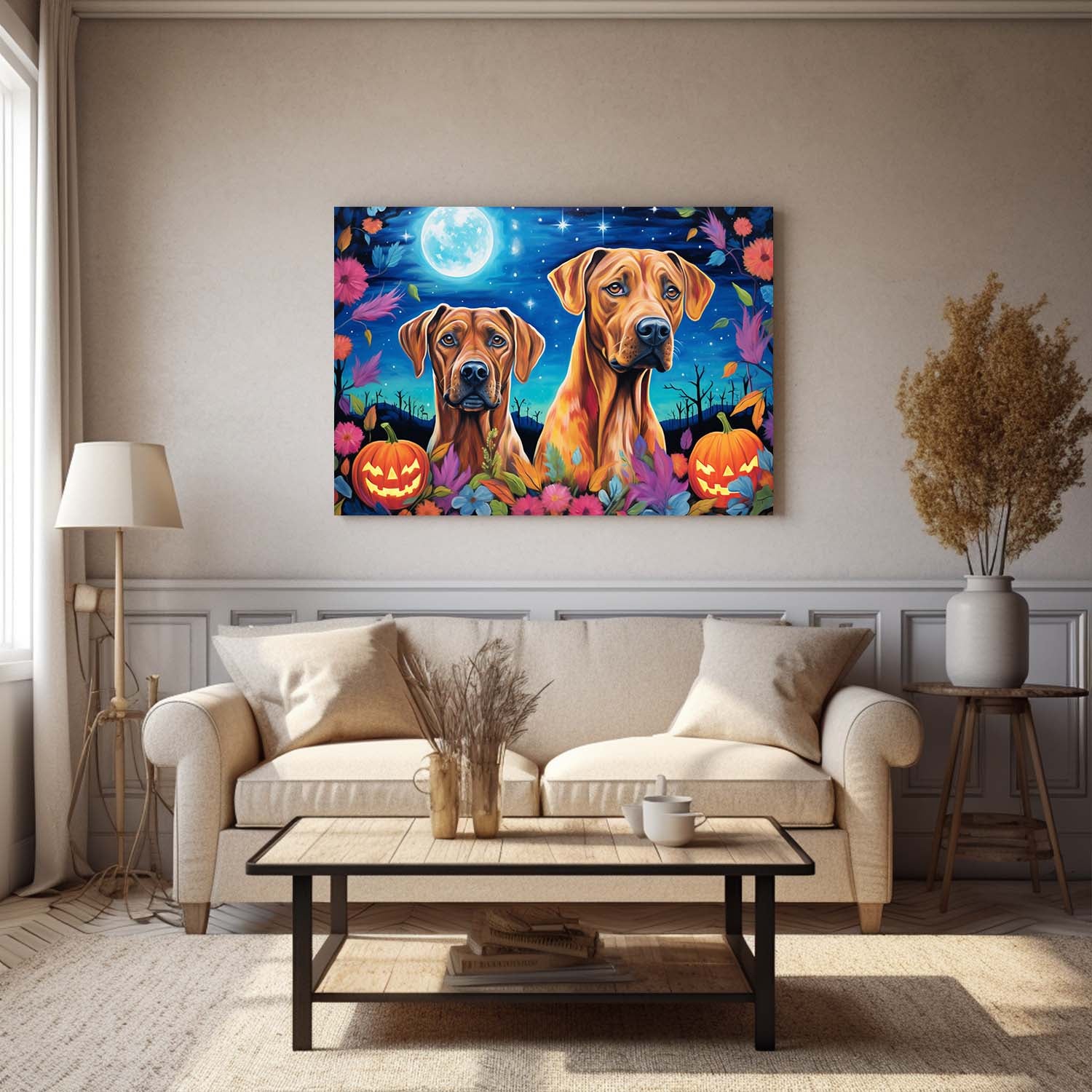 Rhodesian Ridgebacks Dog Halloween With Pumpkin Oil Painting Van Goh Style, Wooden Canvas Prints Wall Art Painting , Canvas 3d Art