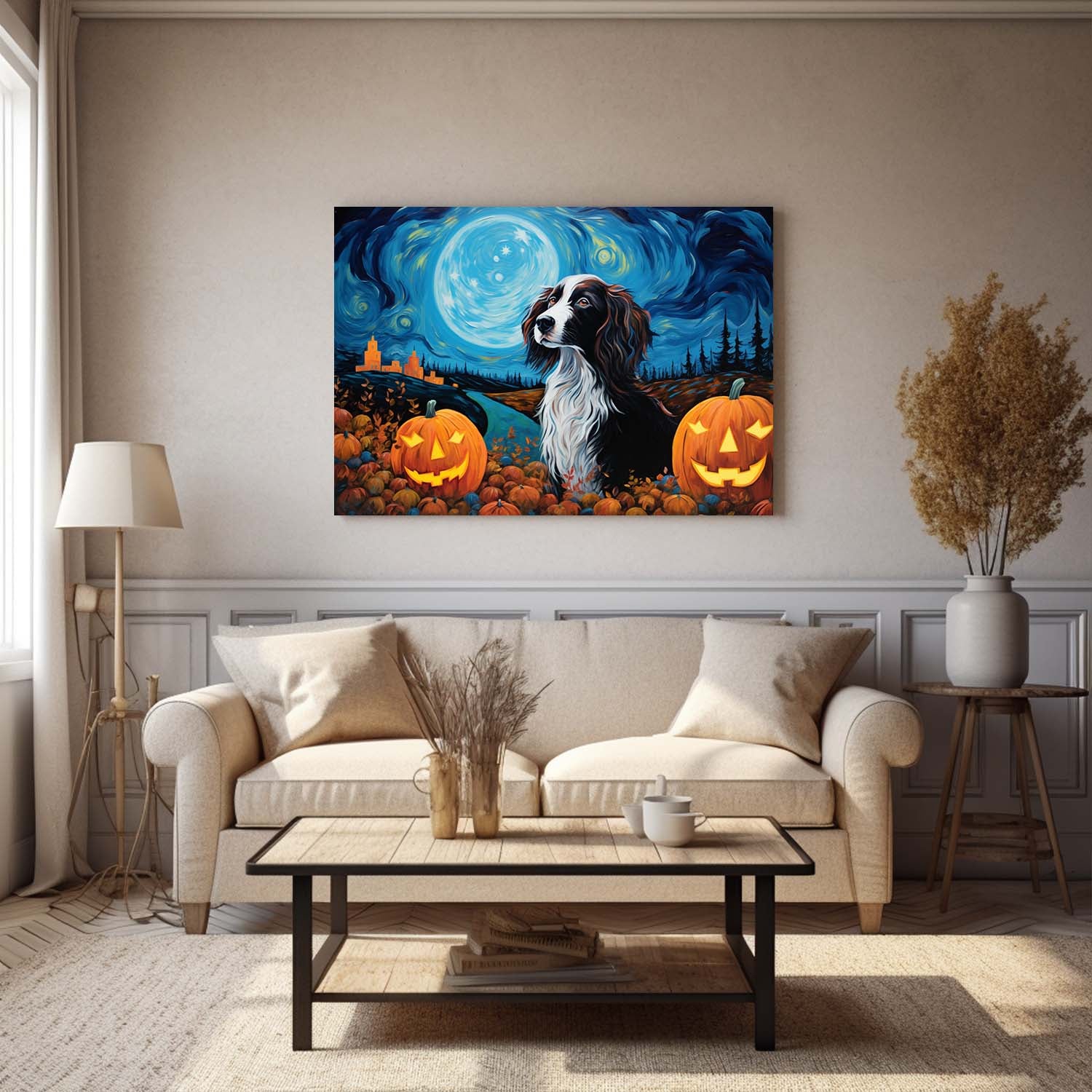Irish Setters Dog 02 Halloween With Pumpkin Oil Painting Van Goh Style, Wooden Canvas Prints Wall Art Painting , Canvas 3d Art