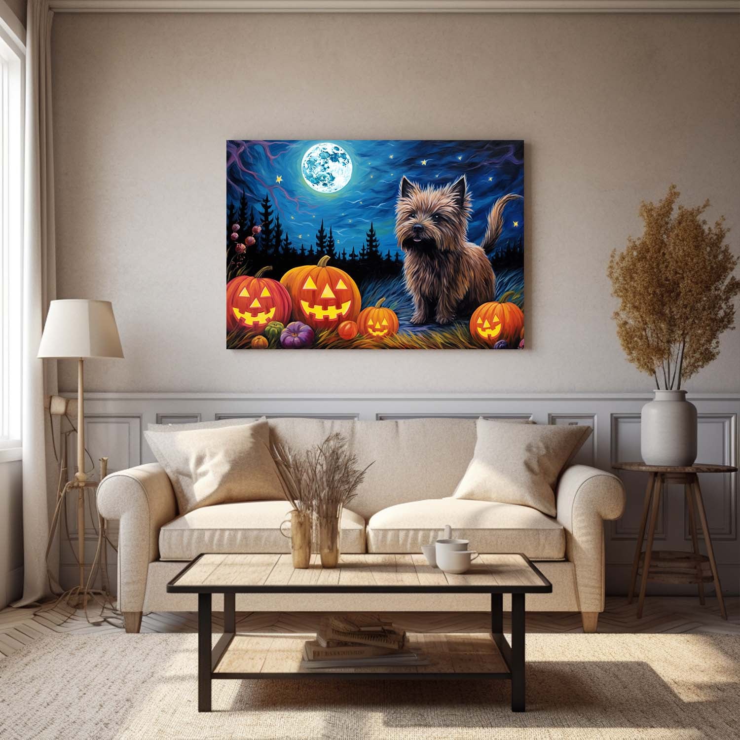Cairn Terriers Dog Halloween With Pumpkin Oil Painting Van Goh Style, Wooden Canvas Prints Wall Art Painting , Canvas 3d Art