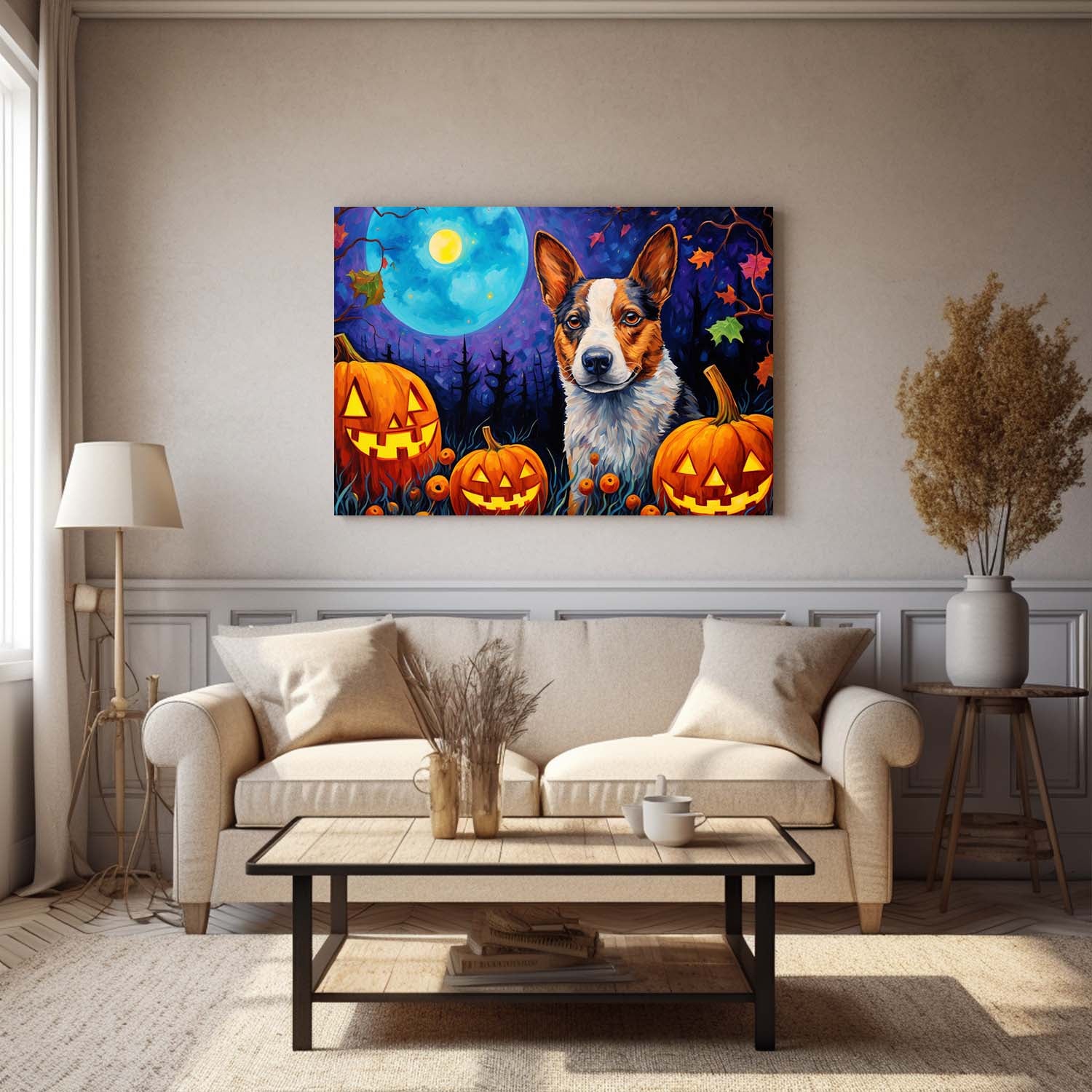 Australian Cattle Dog 01 Halloween With Pumpkin Oil Painting Van Goh Style, Wooden Canvas Prints Wall Art Painting , Canvas 3d Art