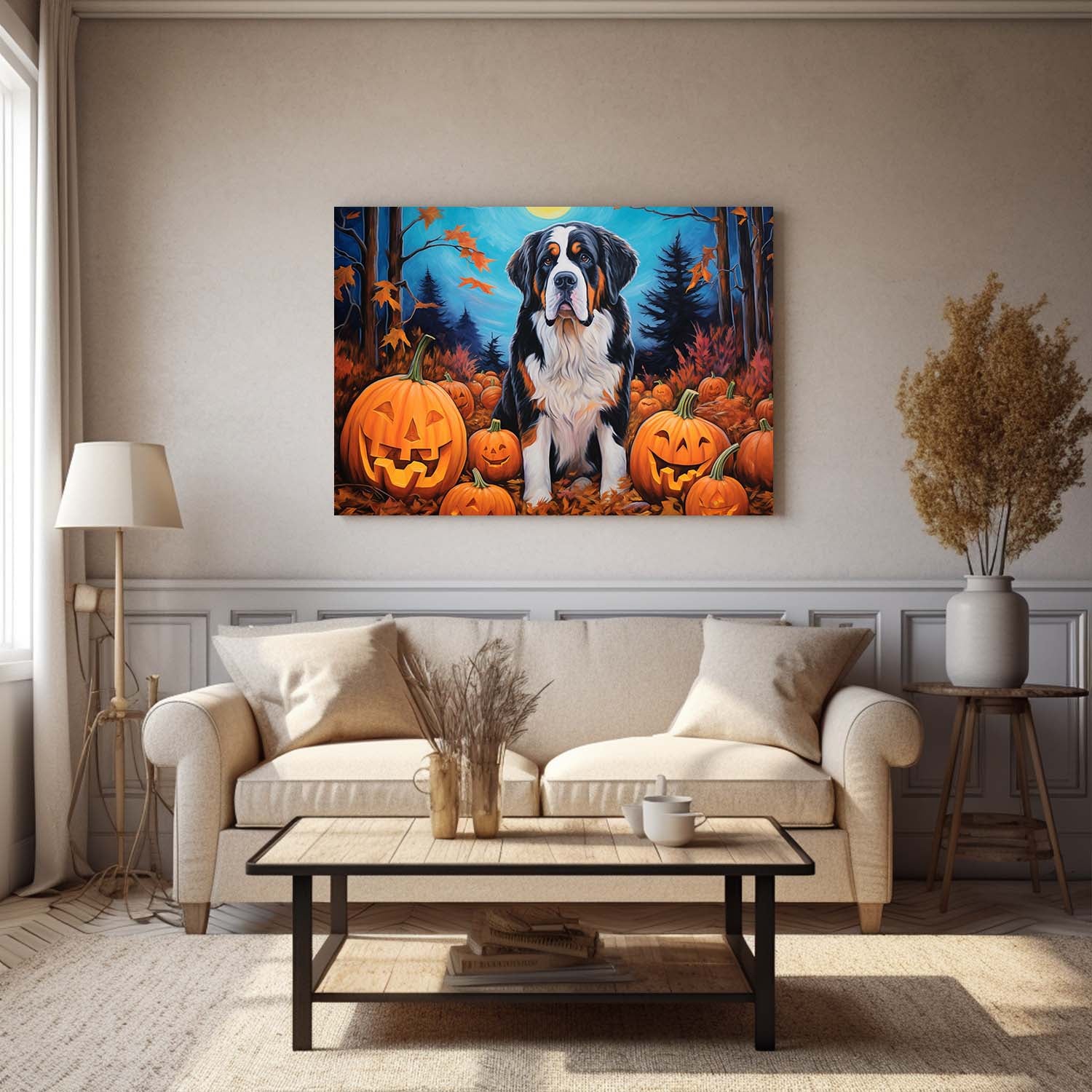 St. Bernards Dog 01 Halloween With Pumpkin Oil Painting Van Goh Style, Wooden Canvas Prints Wall Art Painting , Canvas 3d Art