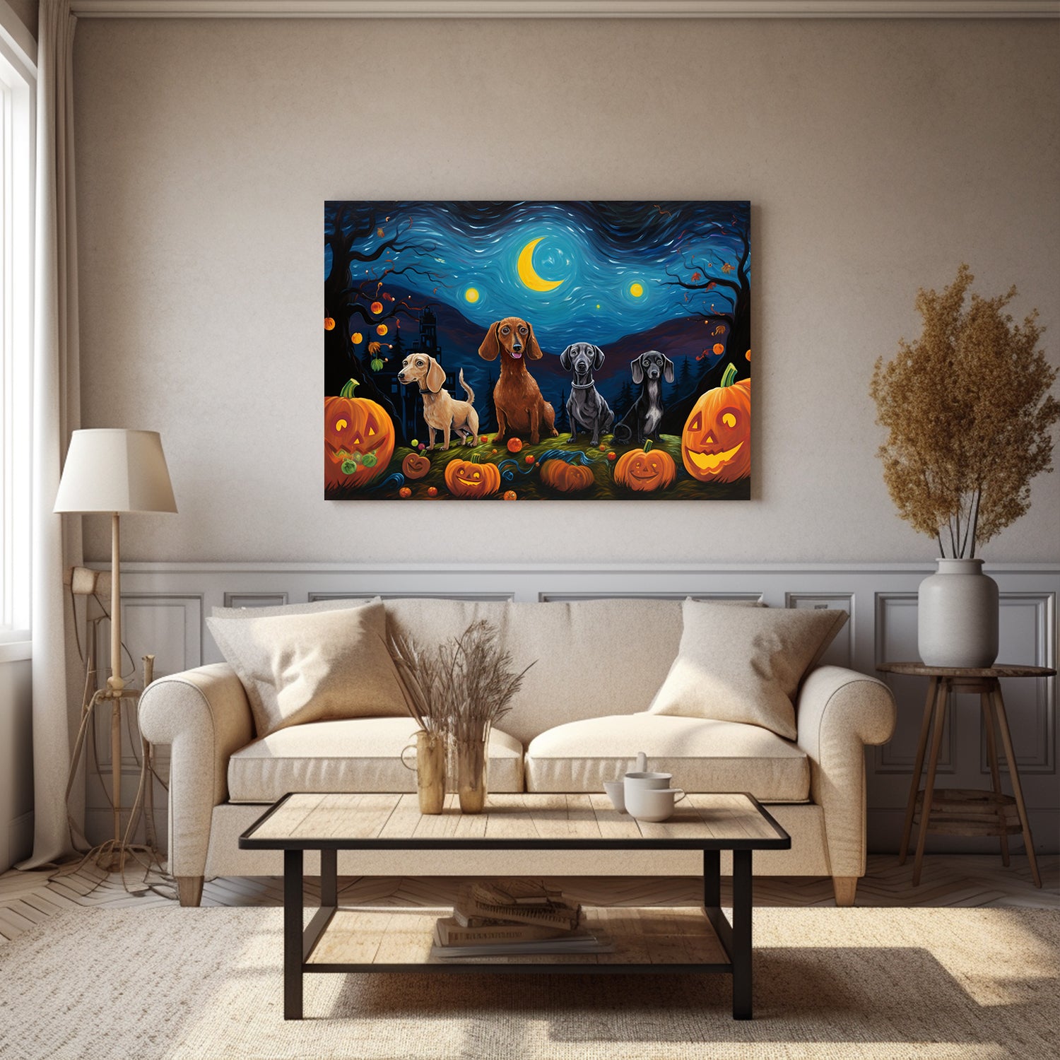 Dachshunds Dogs Halloween With Pumpkin Oil Painting Van Goh Style, Wooden Canvas Prints Wall Art Painting , Canvas 3d Art