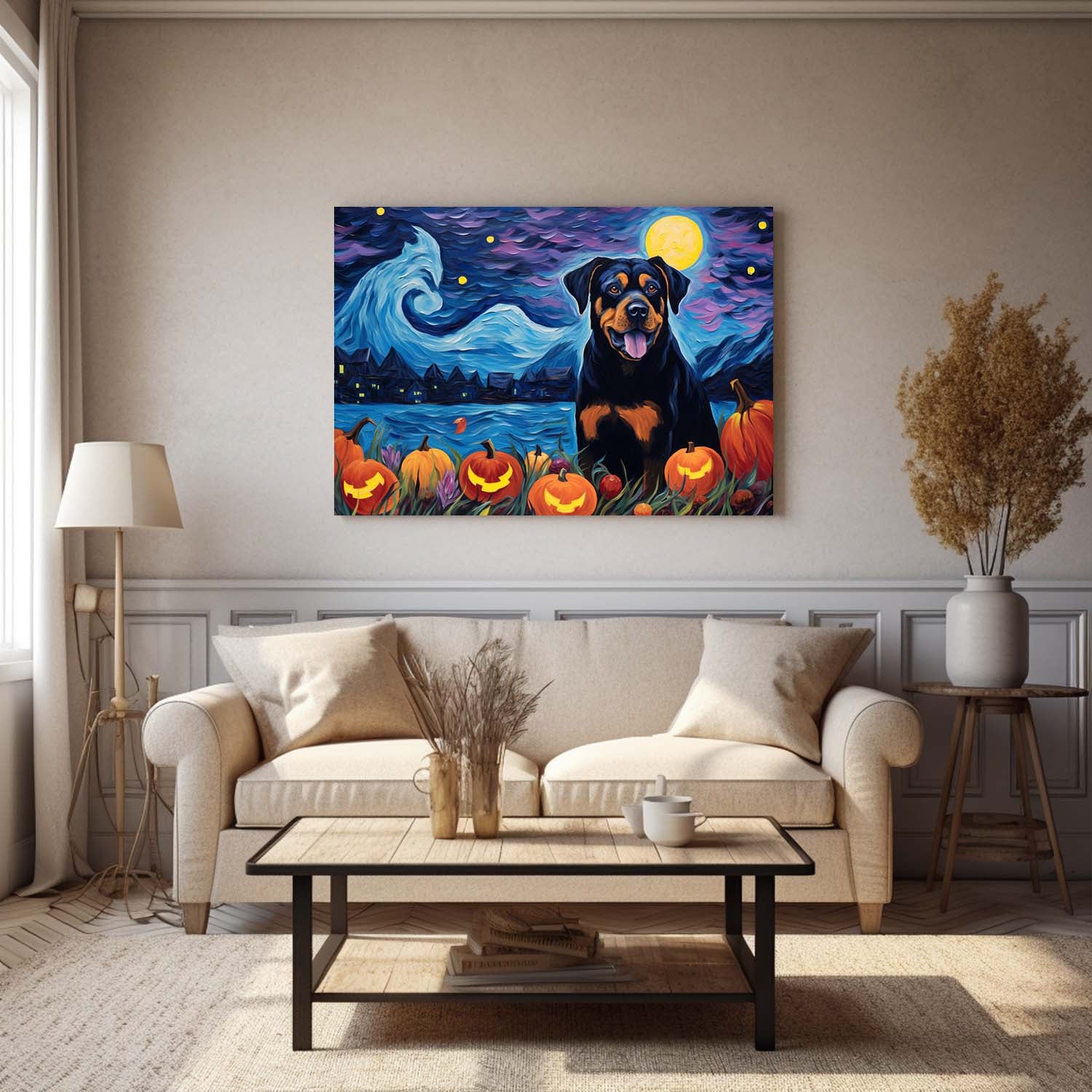 Rottweiler Dog 02 Halloween With Pumpkin Oil Painting Van Goh Style, Wooden Canvas Prints Wall Art Painting , Canvas 3d Art