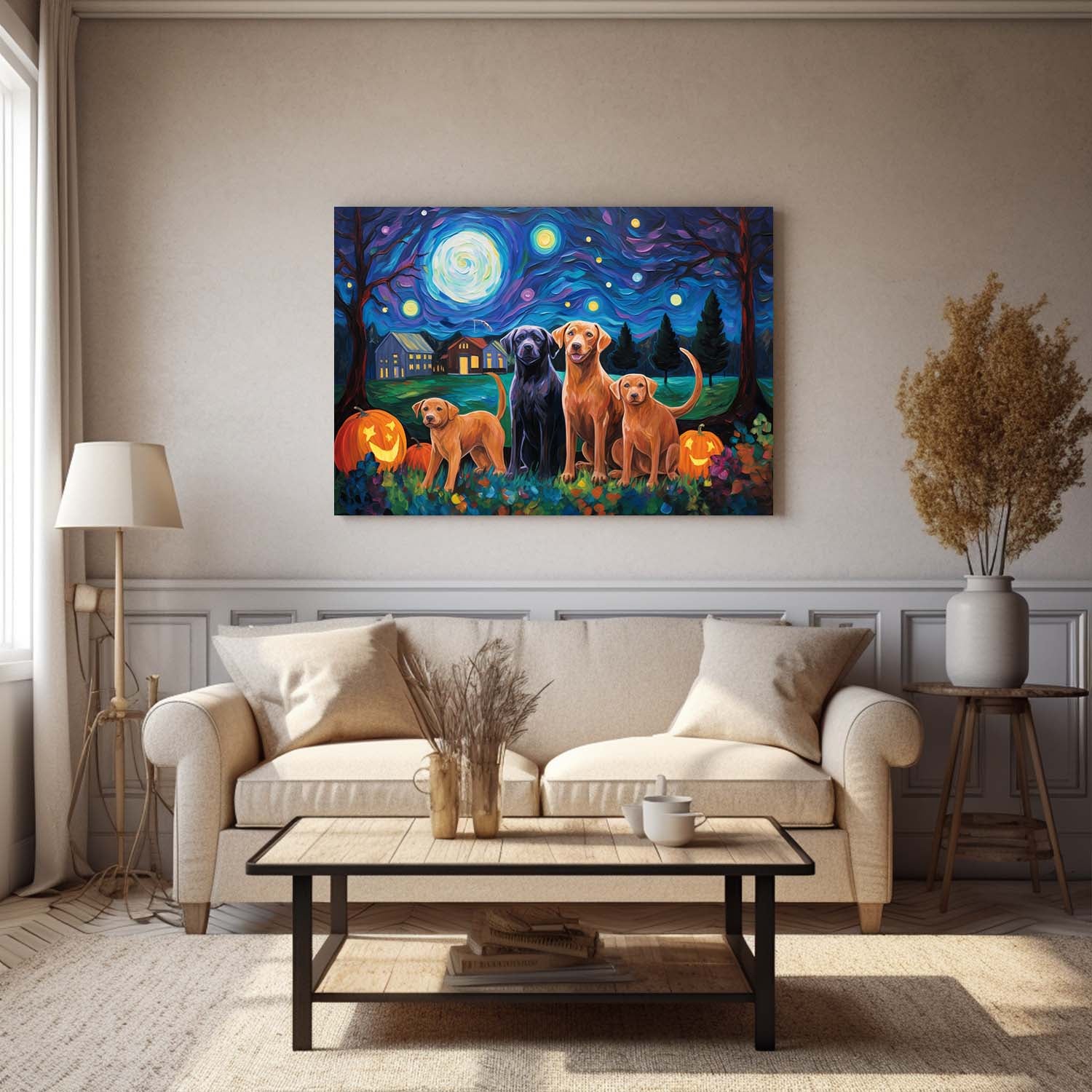 Chesapeake Bay Retrievers Dog Halloween With Pumpkin Oil Painting Van Goh Style, Wooden Canvas Prints Wall Art Painting , Canvas 3d Art