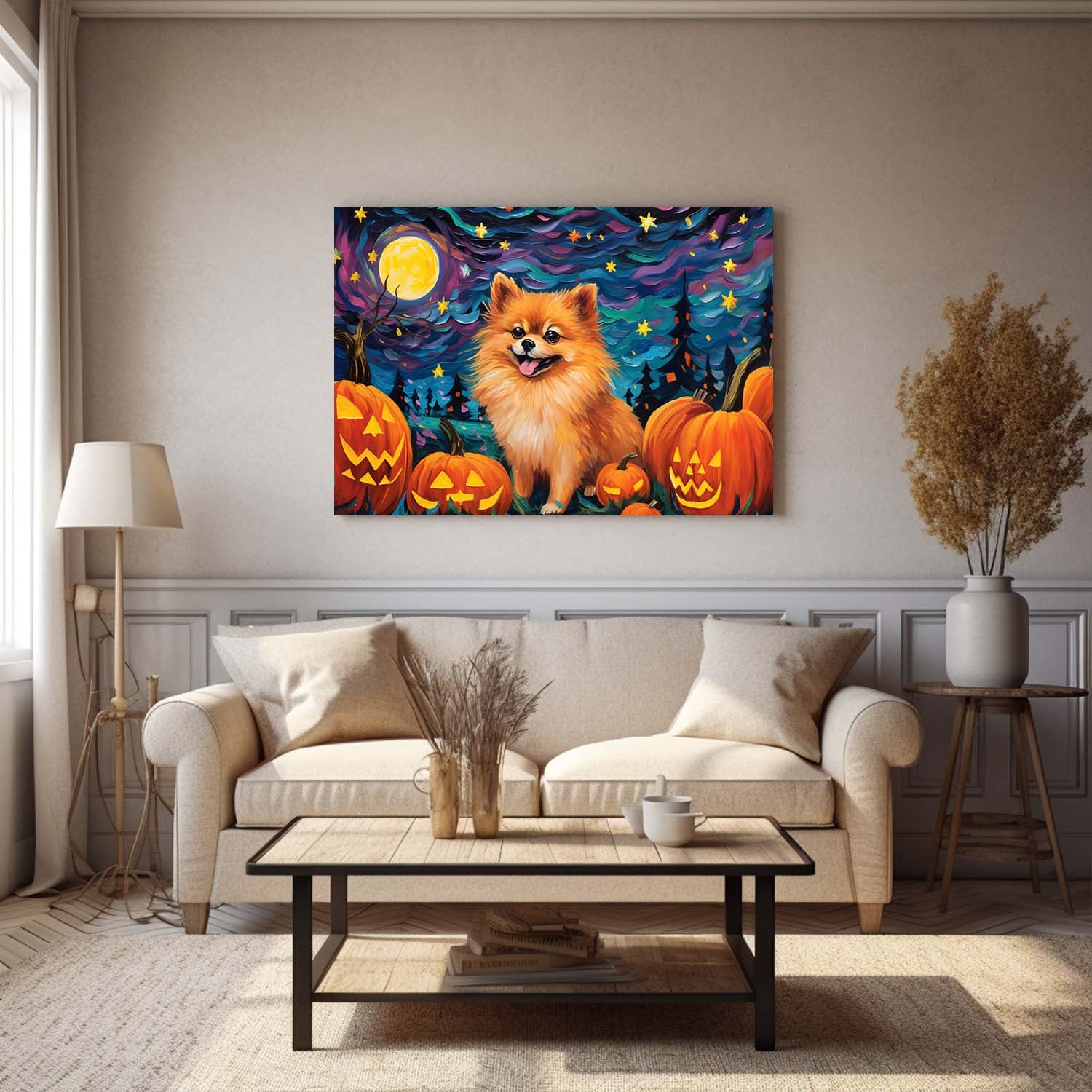 Pomeranians Dog 01 Halloween With Pumpkin Oil Painting Van Goh Style, Wooden Canvas Prints Wall Art Painting , Canvas 3d Art