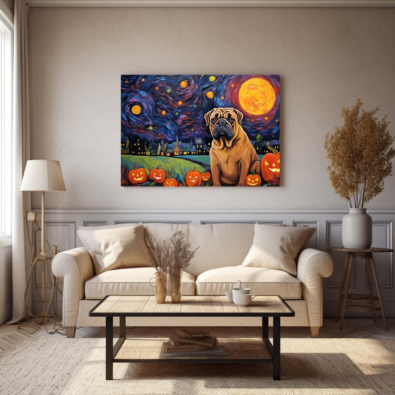 Mastiffs Dog Halloween With Pumpkin Oil Painting Van Goh Style, Wooden Canvas Prints Wall Art Painting , Canvas 3d Art