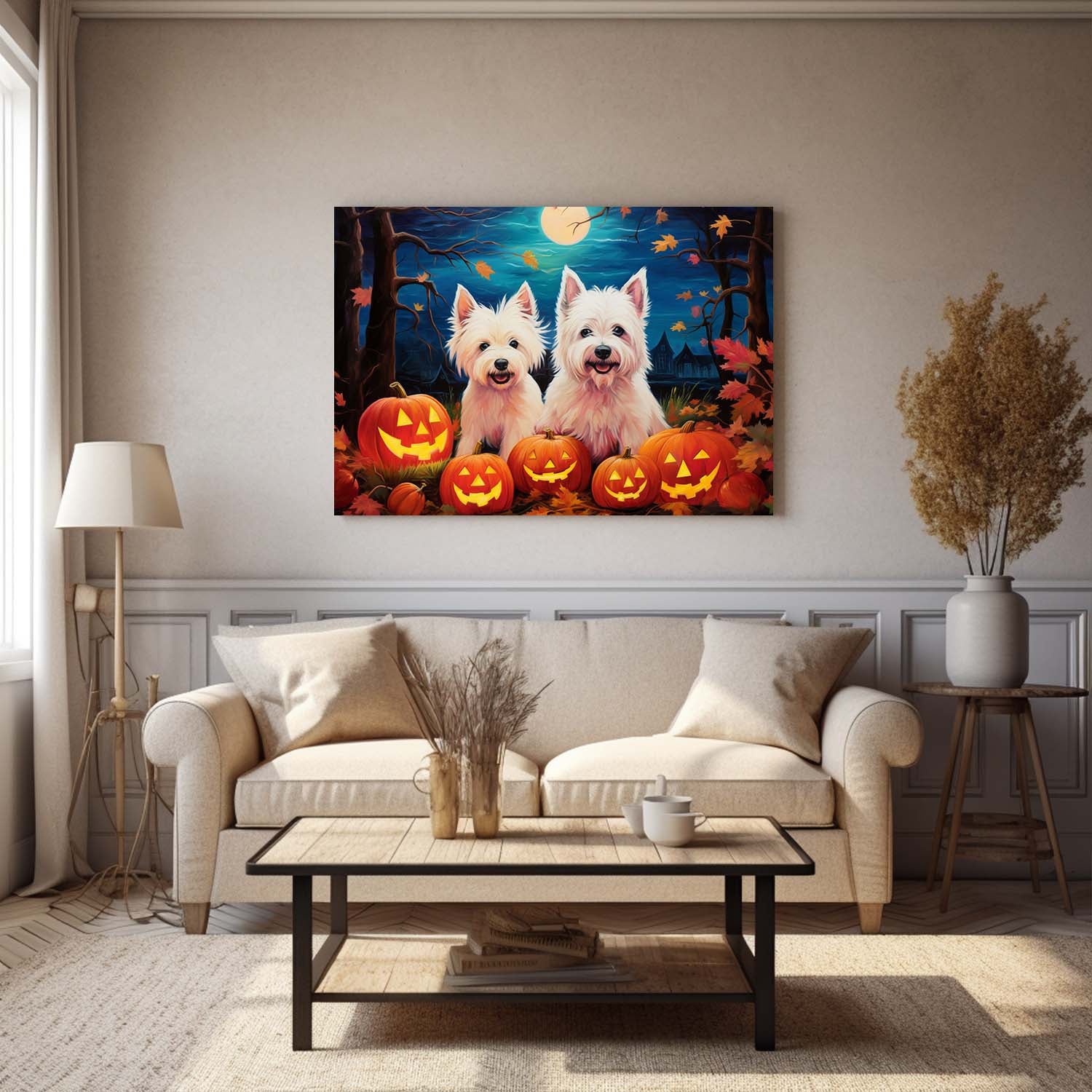 West Highland White Terriers Dog Halloween With Pumpkin Oil Painting Van Goh Style, Wooden Canvas Prints Wall Art Painting , Canvas 3d Art