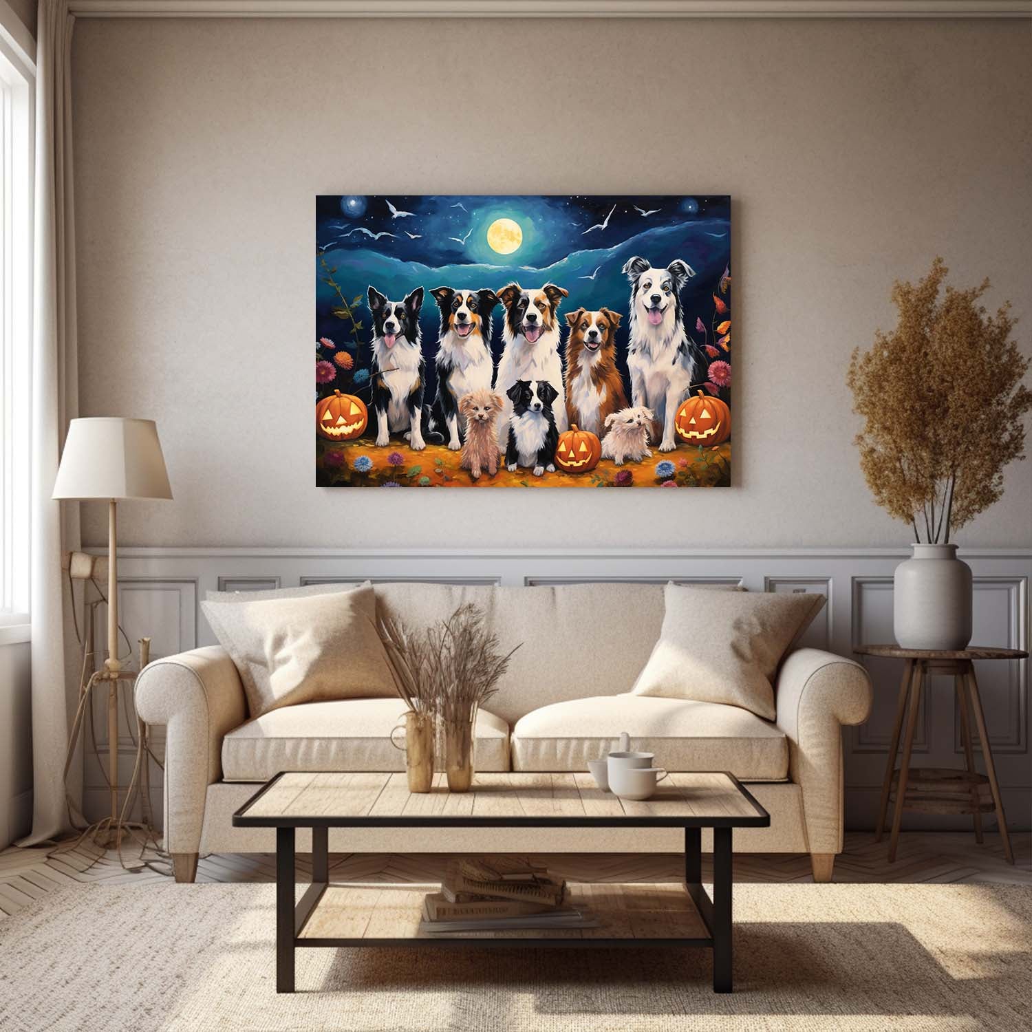 Miniature American Shepherds Dog 02 Halloween With Pumpkin Oil Painting Van Goh Style, Wooden Canvas Prints Wall Art Painting , Canvas 3d Art