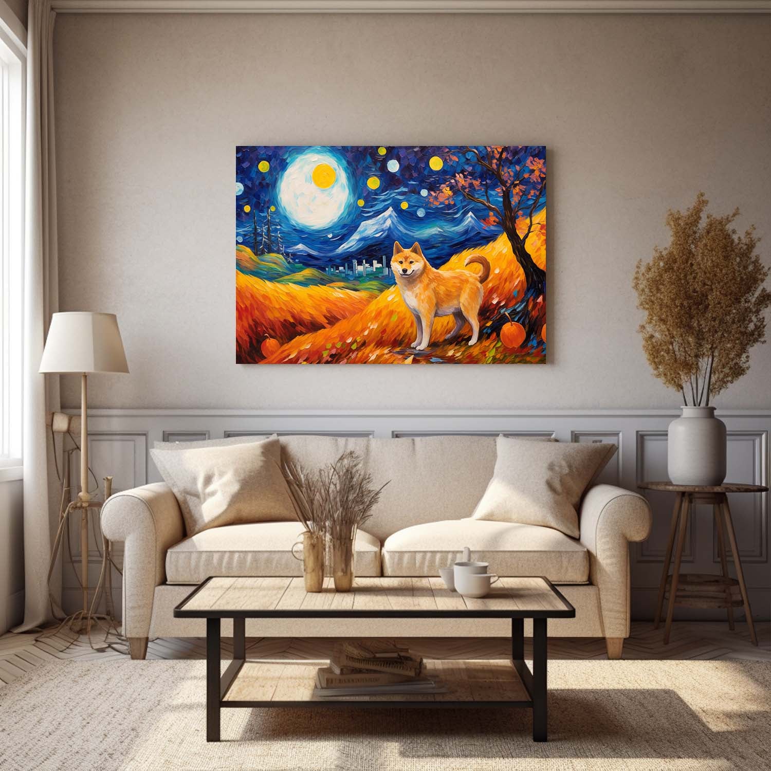 Shiba Inu Dog Halloween With Pumpkin Oil Painting Van Goh Style, Wooden Canvas Prints Wall Art Painting , Canvas 3d Art