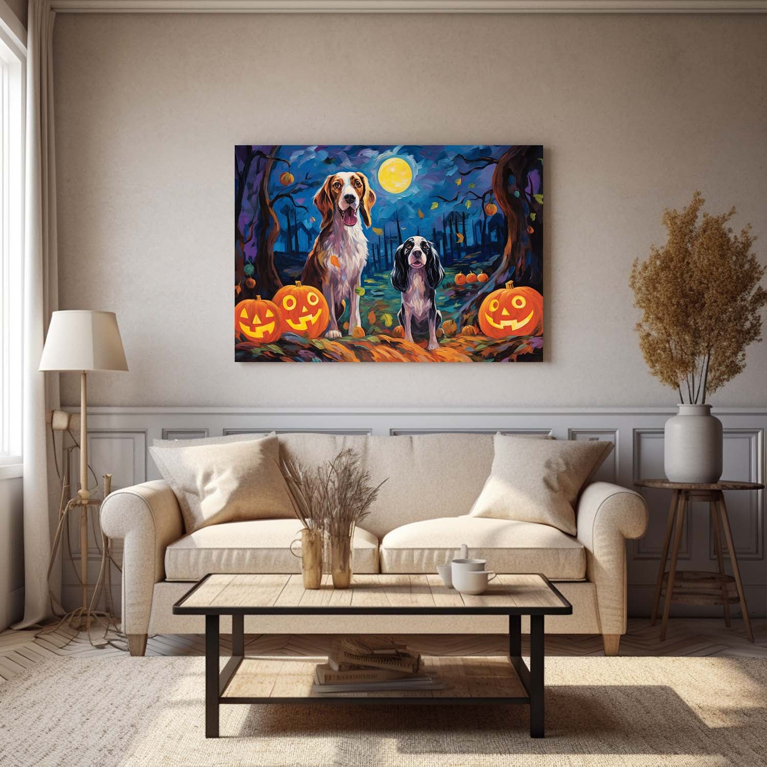 English Setters Dog 02 Halloween With Pumpkin Oil Painting Van Goh Style, Wooden Canvas Prints Wall Art Painting , Canvas 3d Art