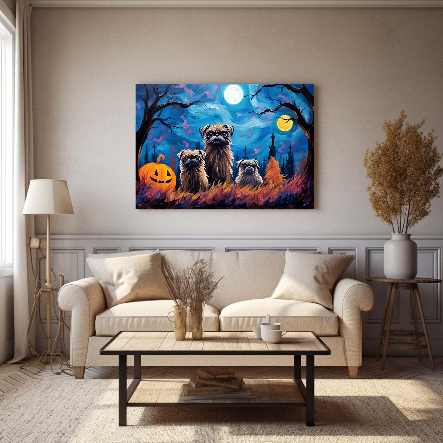 Brussels Griffons Dog 02 Halloween With Pumpkin Oil Painting Van Goh Style, Wooden Canvas Prints Wall Art Painting , Canvas 3d Art