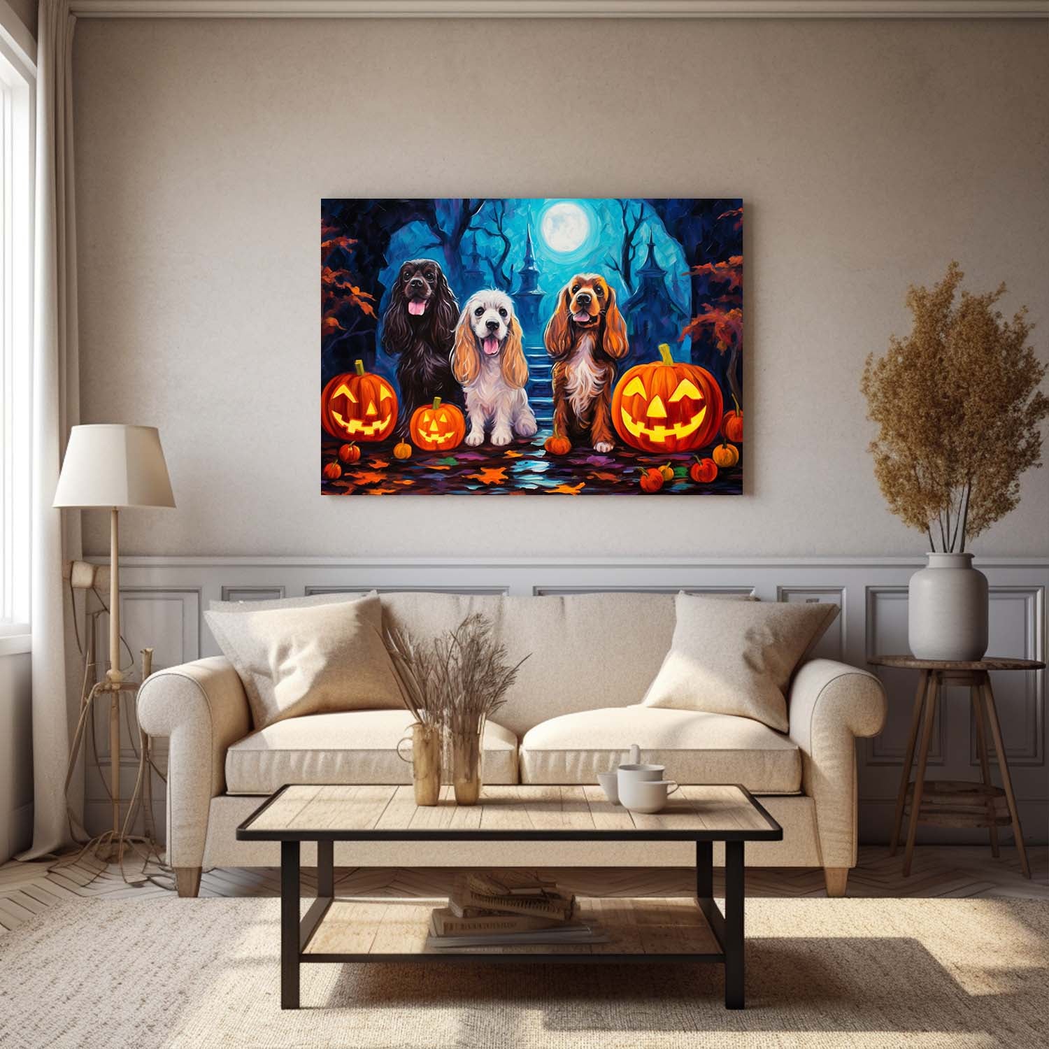 Cocker Spaniels Dog 01 Halloween With Pumpkin Oil Painting Van Goh Style, Wooden Canvas Prints Wall Art Painting , Canvas 3d Art