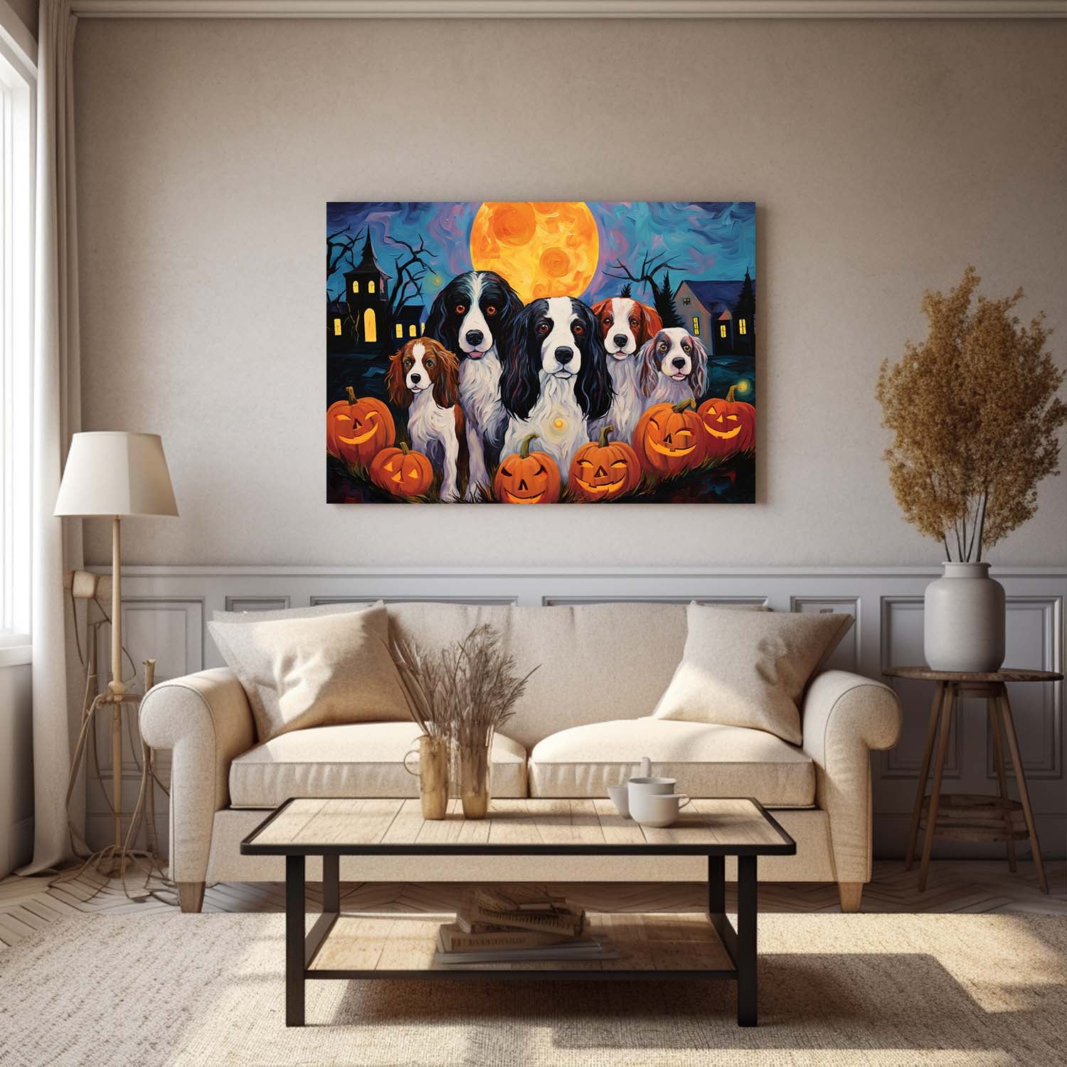 English Springer Spaniels Dog 01 Halloween With Pumpkin Oil Painting Van Goh Style, Wooden Canvas Prints Wall Art Painting , Canvas 3d Art