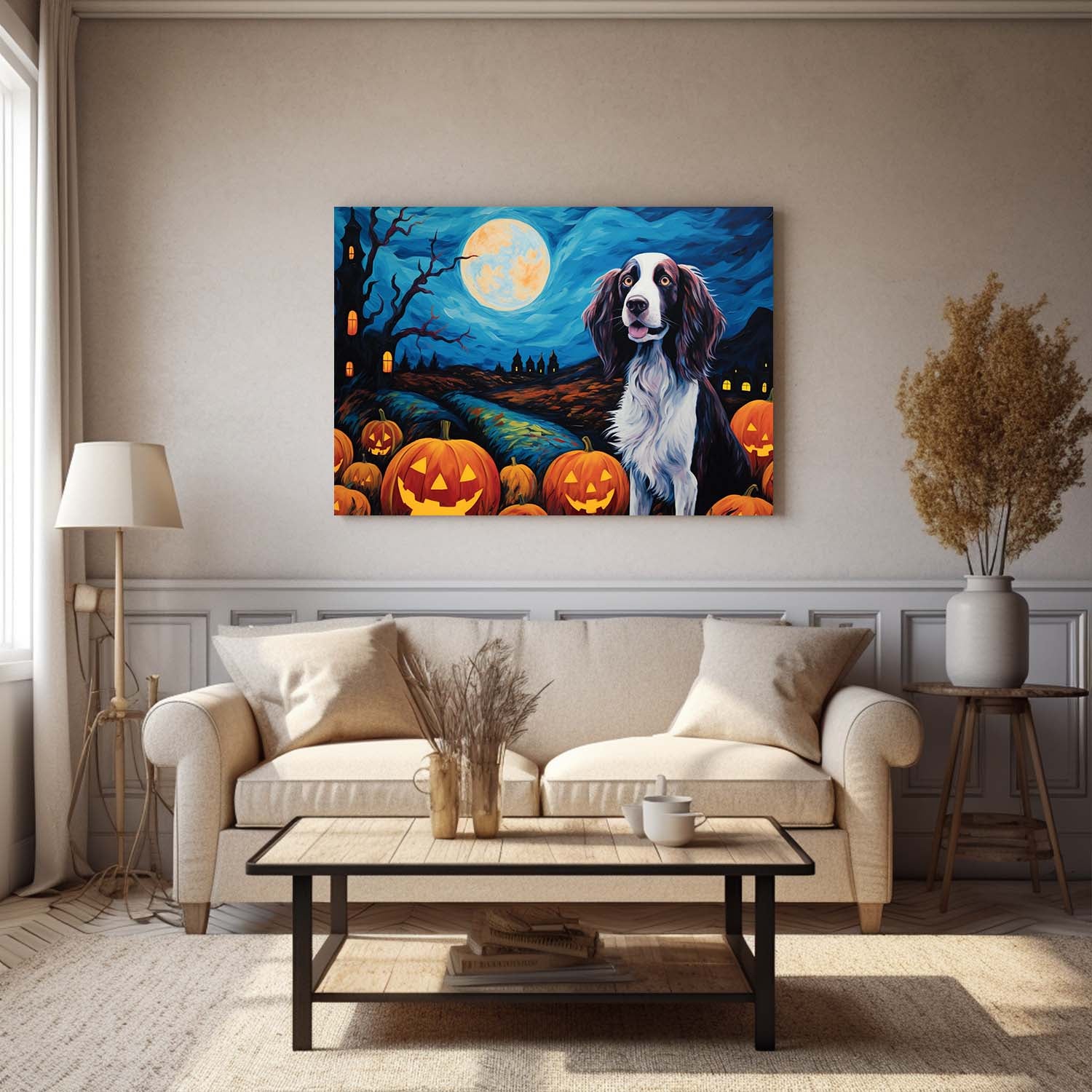 Irish Setters Dog 03 Halloween With Pumpkin Oil Painting Van Goh Style, Wooden Canvas Prints Wall Art Painting , Canvas 3d Art